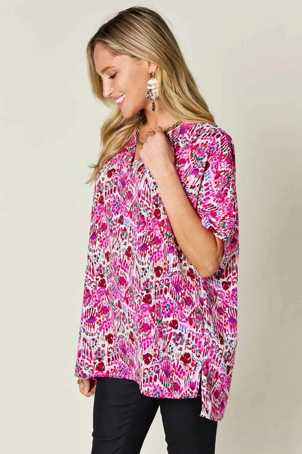 Double Take V-Neck Printed Blouse - Full Size Short Sleeve Fashion Top