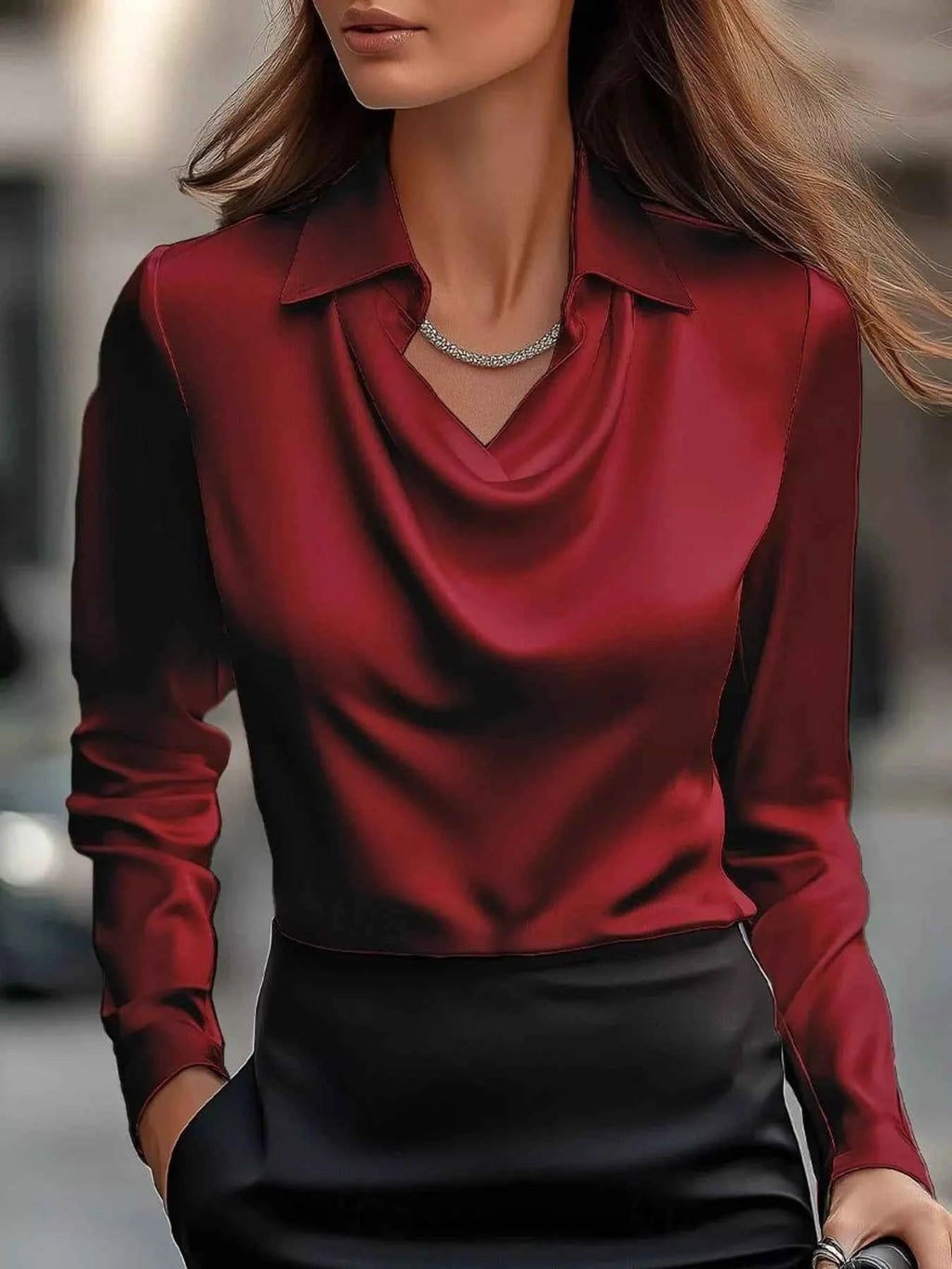 Ruched Long Sleeve Blouse with Drape Collar - Nico`s Store