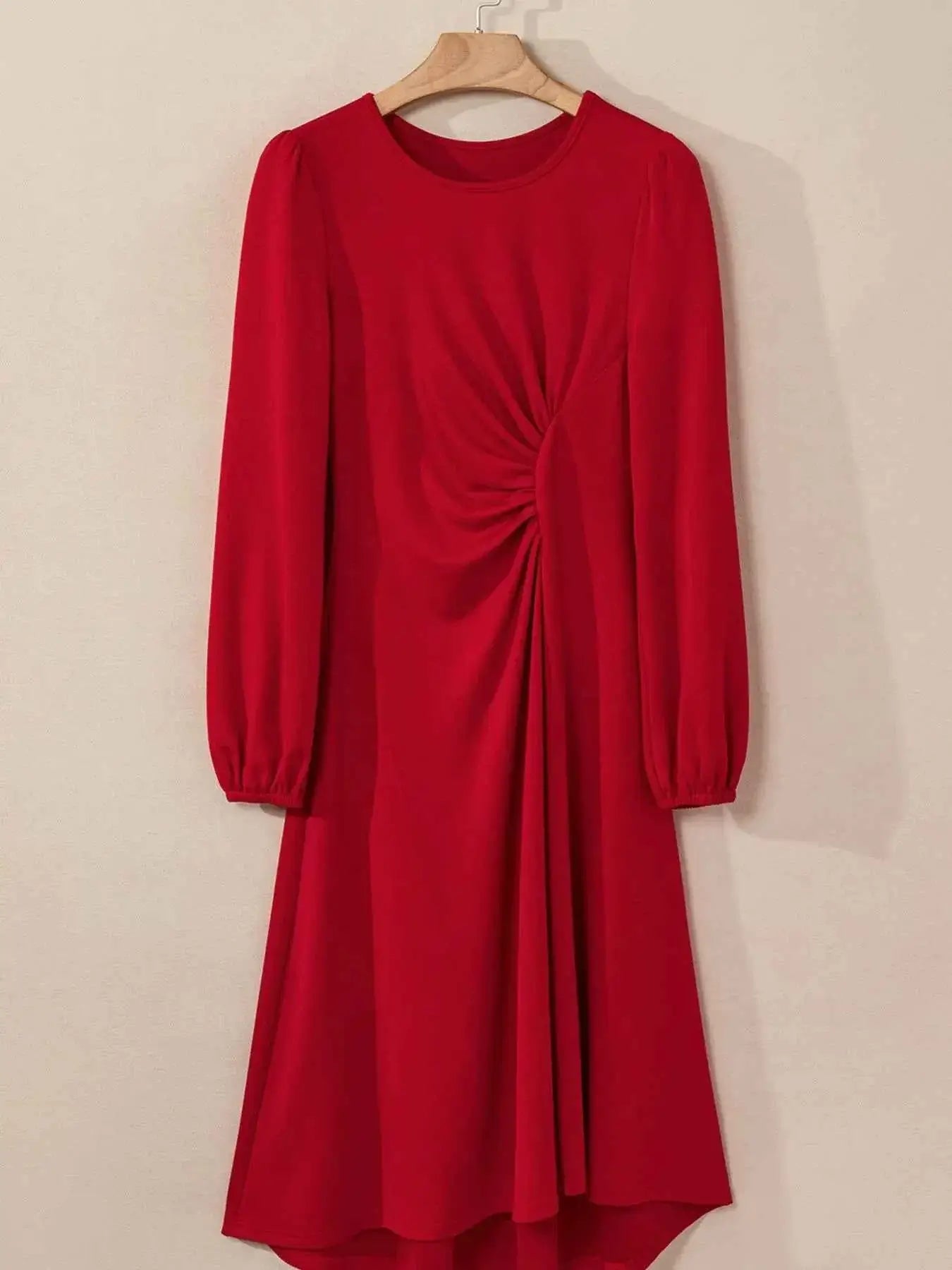 Solid Color Midi Dress with Ruched Detail and Long Sleeves for Effortless Style - Nico`s Store