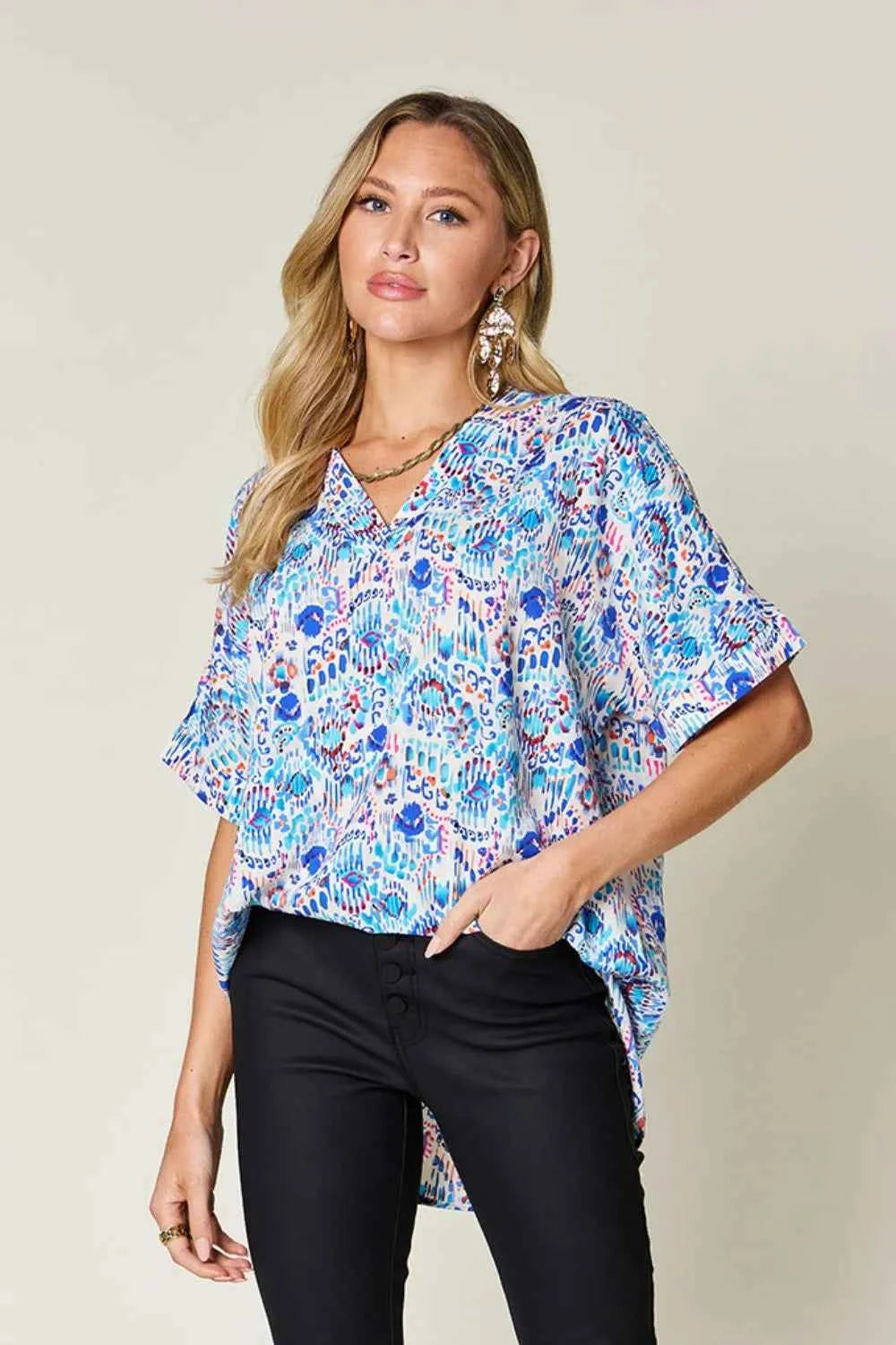 Double Take V-Neck Printed Blouse - Full Size Short Sleeve Fashion Top