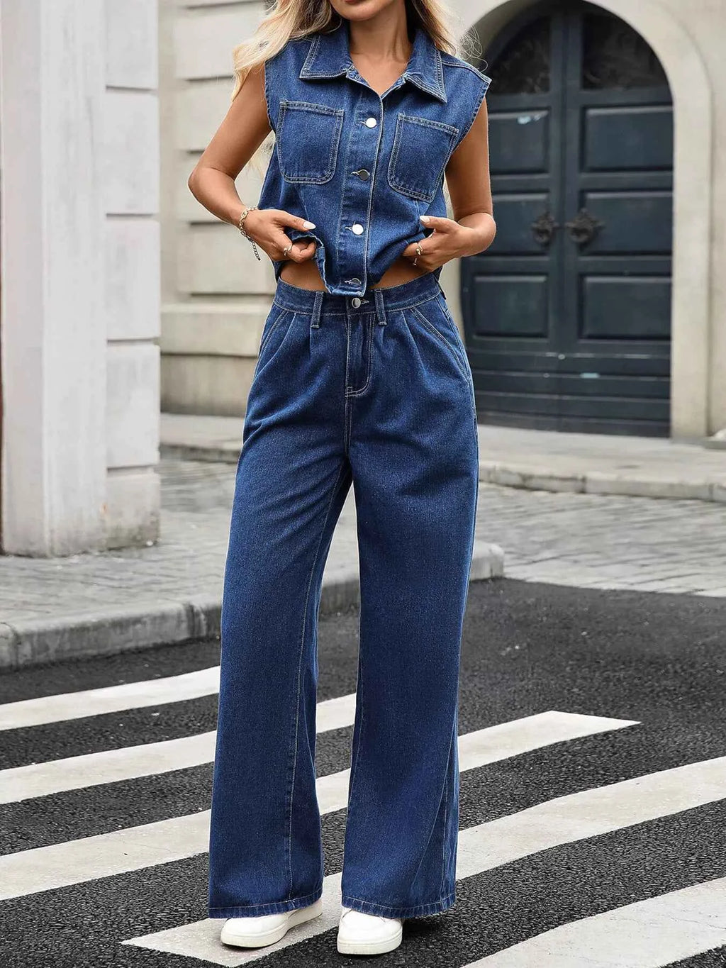 Button Up Vest and Jeans Set for Chic Casual Style - Nico`s Store