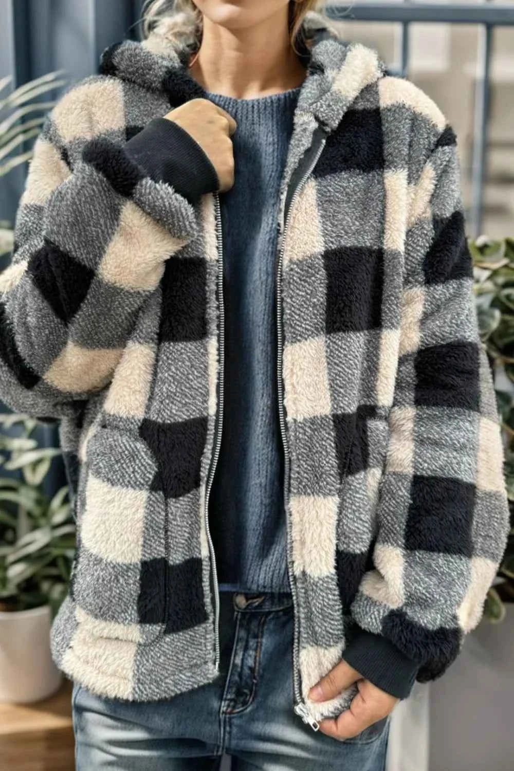 Double Take Full Size Plaid Hooded Coat - Nico`s Store