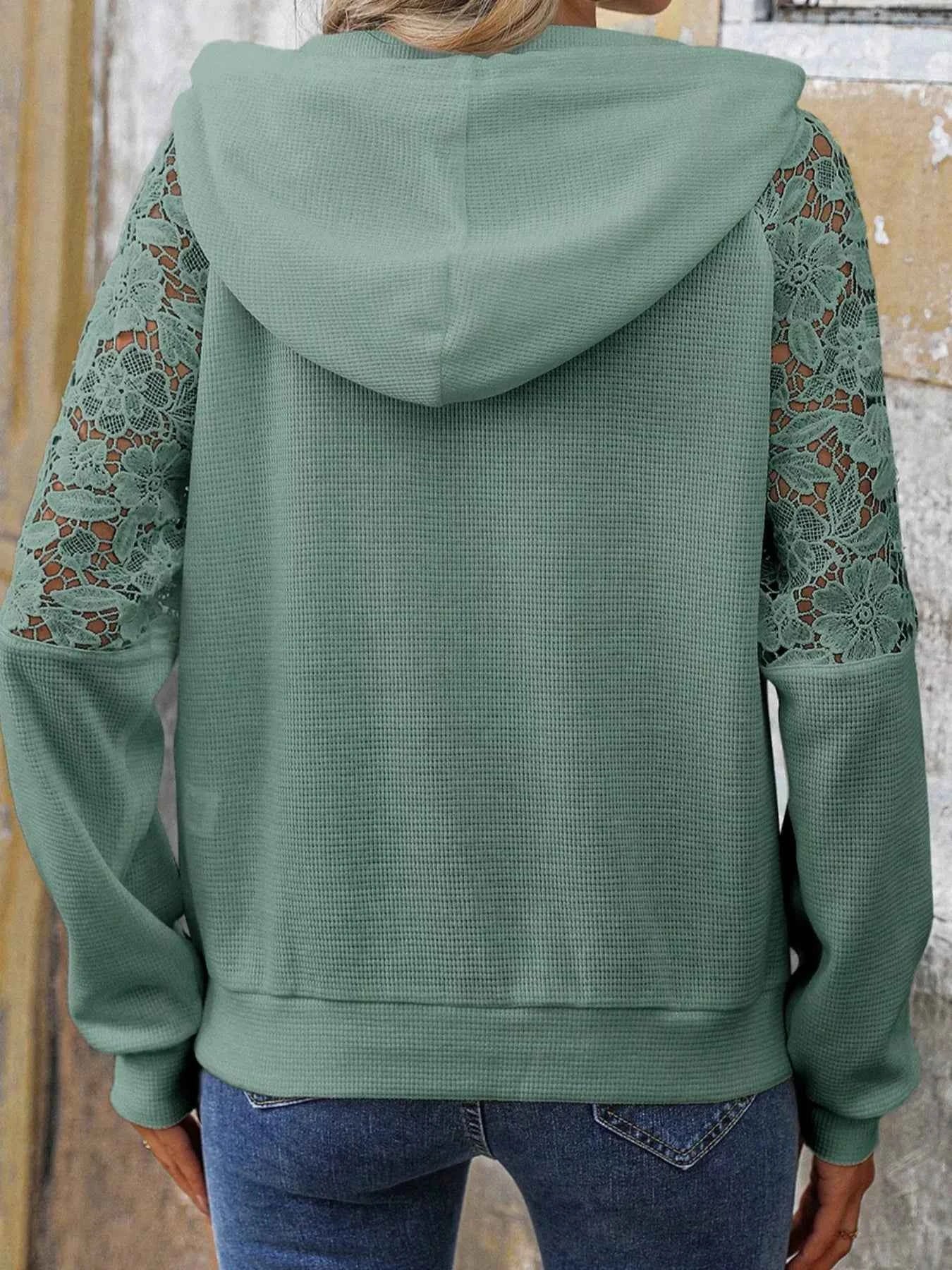 Lace Detail Long Sleeve Hoodie with Drawstring - Nico`s Store