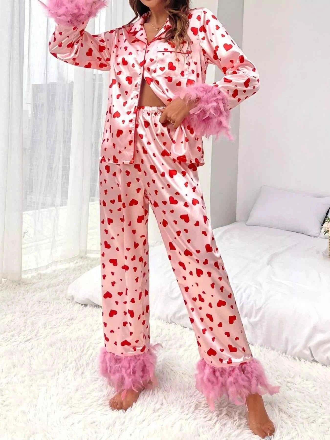 Heart Print Lounge Set - Button Up Top and Pants - Nico`s Store