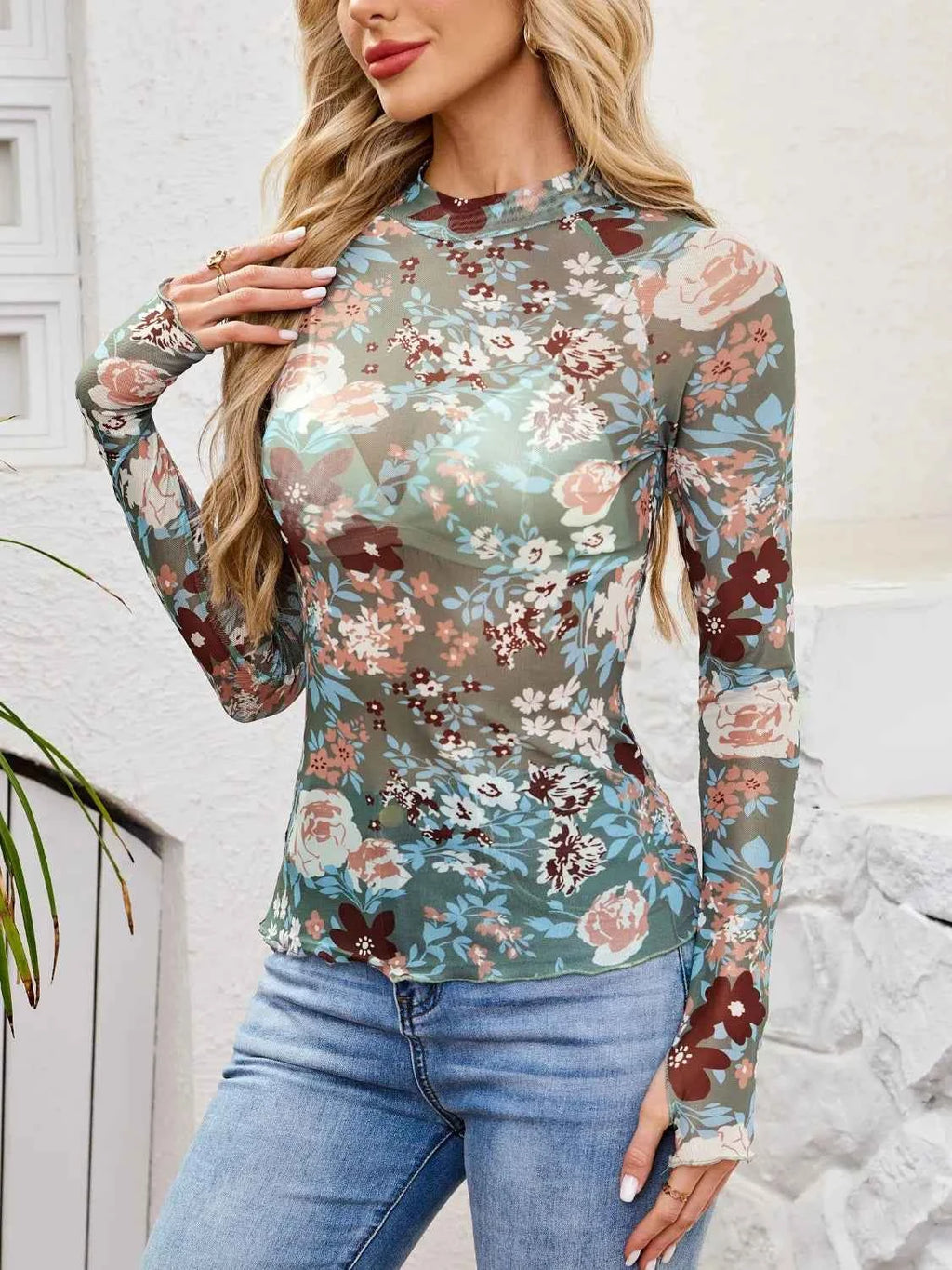 Floral Mock Neck Top - Long Sleeve Style - Nico`s Store