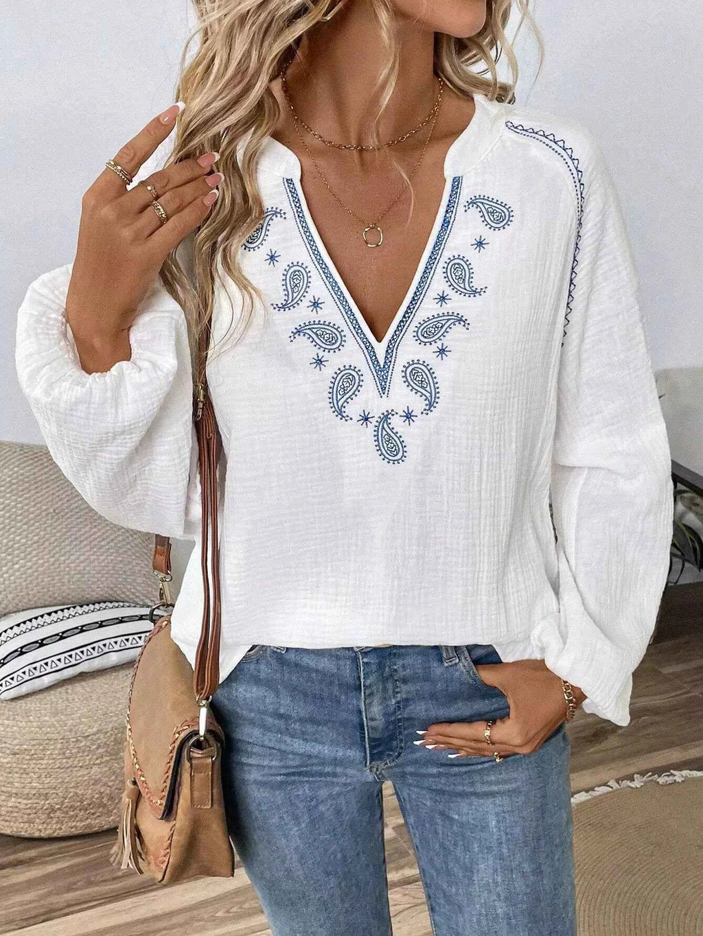 Paisley Balloon Sleeve Blouse with Notched Design