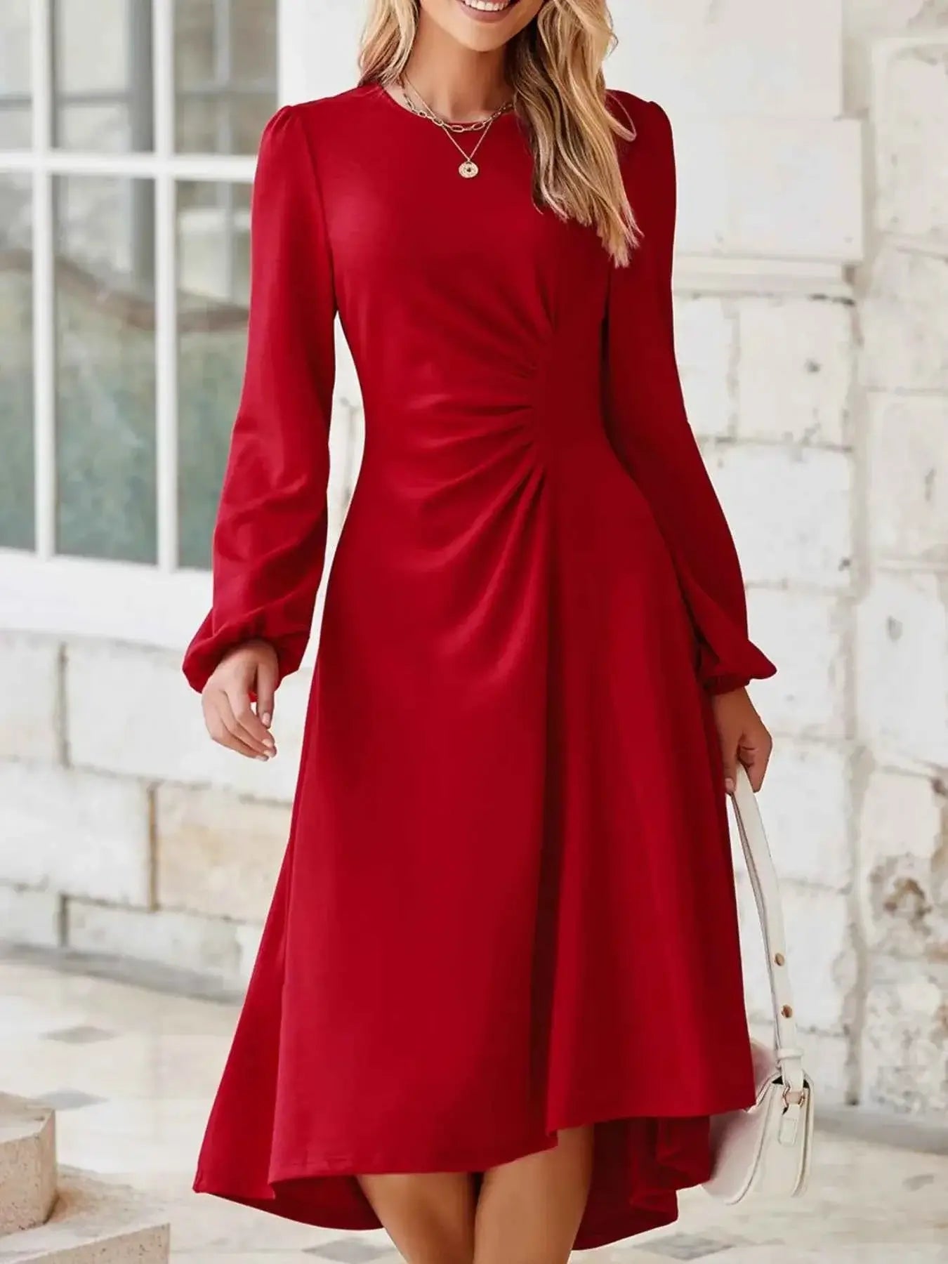 Solid Color Midi Dress with Ruched Detail and Long Sleeves for Effortless Style - Nico`s Store