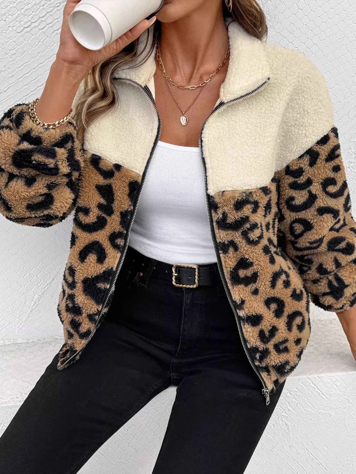 Leopard Fleece Jacket - Stylish Zip Up Design - Nico`s Store