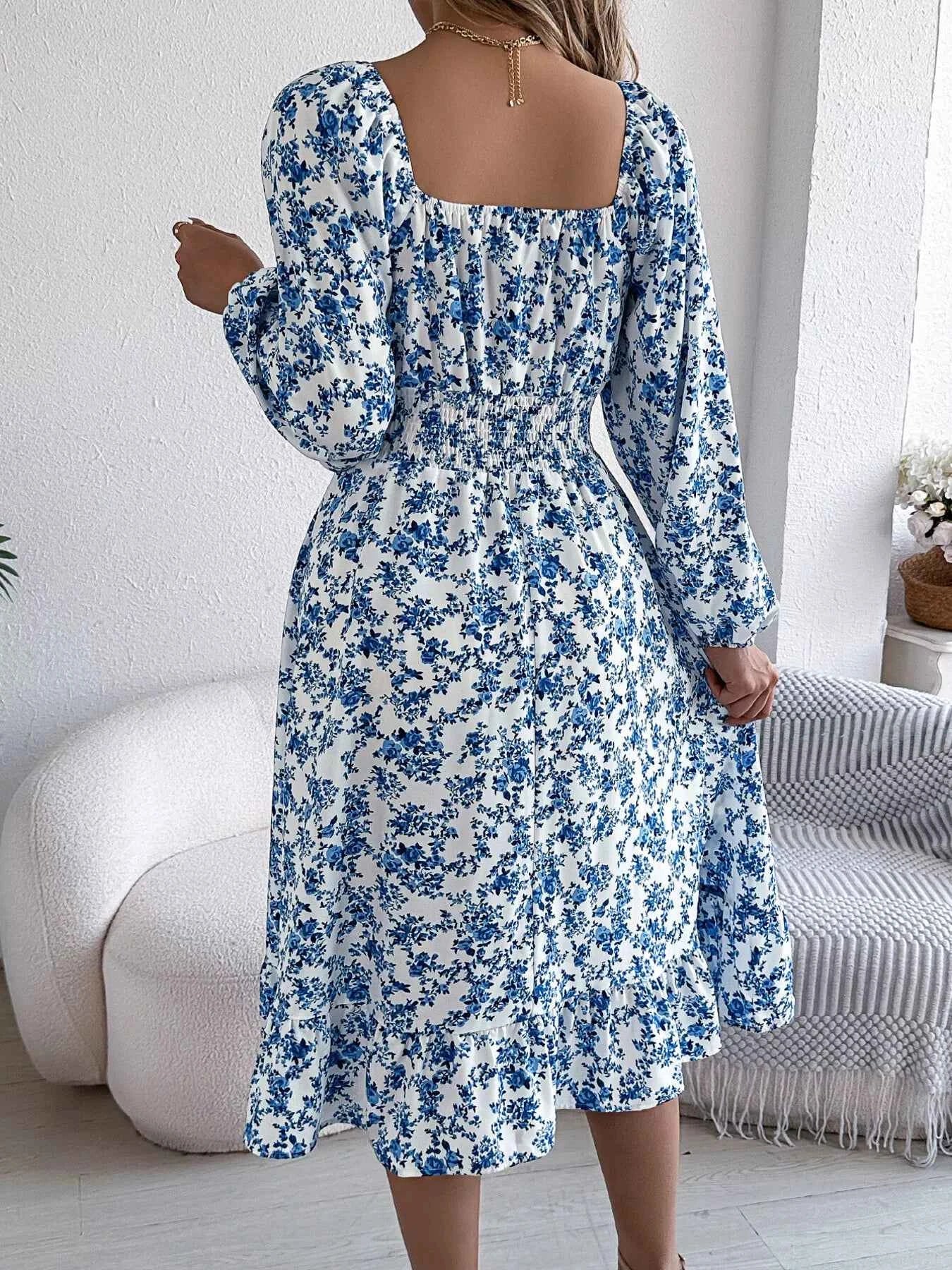 Floral Print Midi Dress with Long Sleeves and Square Neck