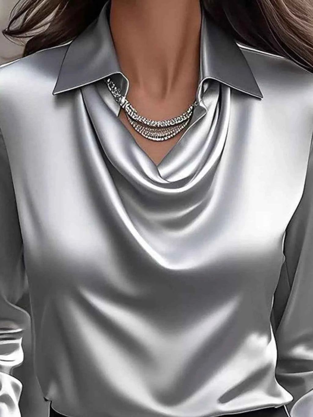 Ruched Long Sleeve Blouse with Drape Collar - Nico`s Store