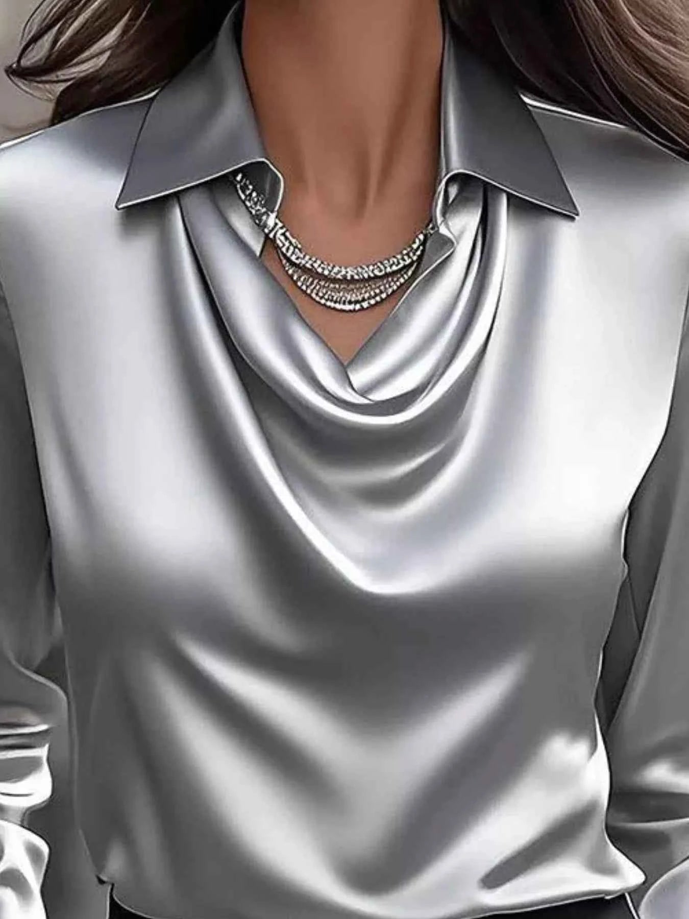Ruched Long Sleeve Blouse with Drape Collar - Nico`s Store