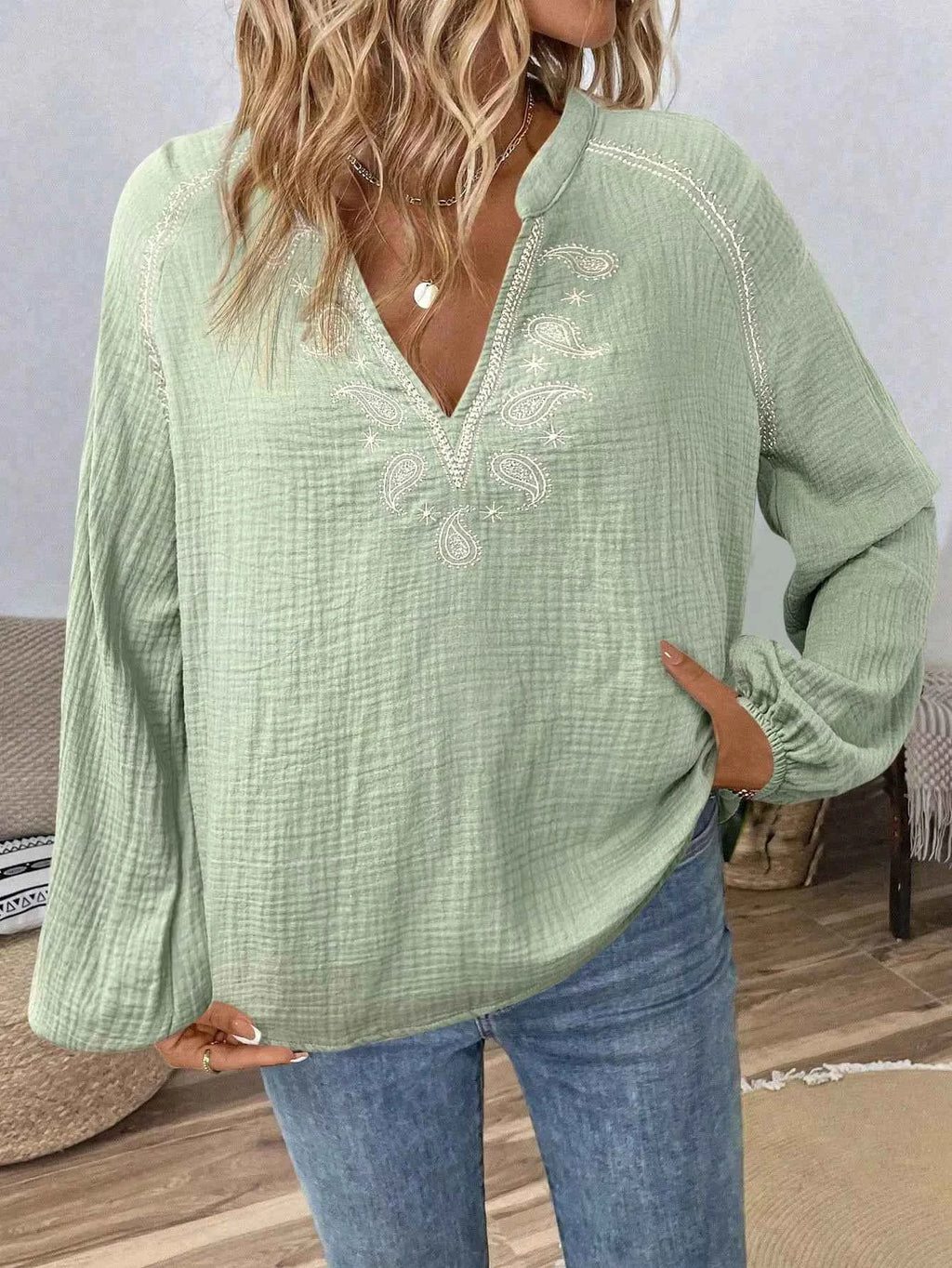Paisley Balloon Sleeve Blouse with Notched Design