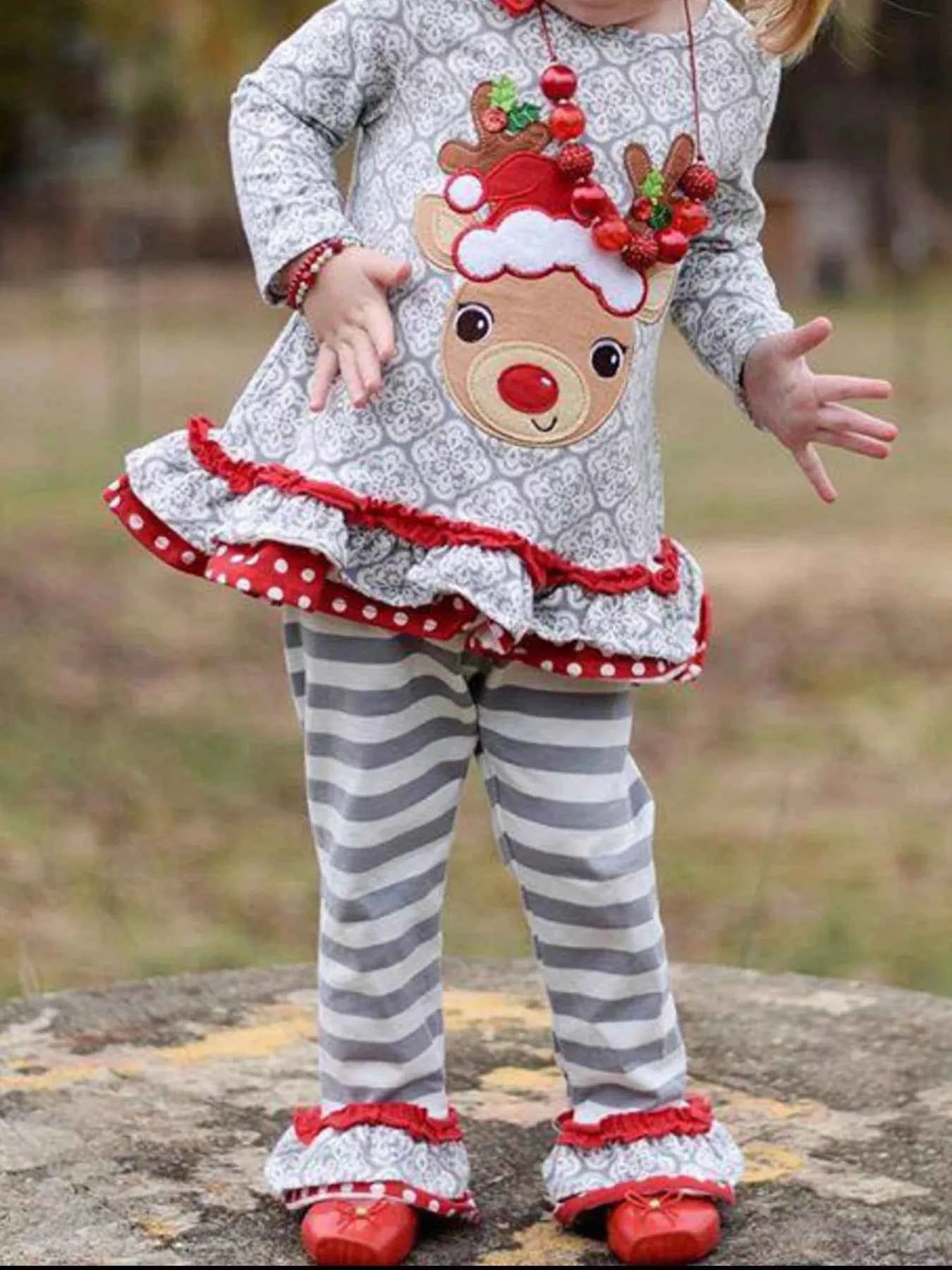 Children's Christmas Reindeer Outfit Set with Ruffle Trim - Nico`s Store