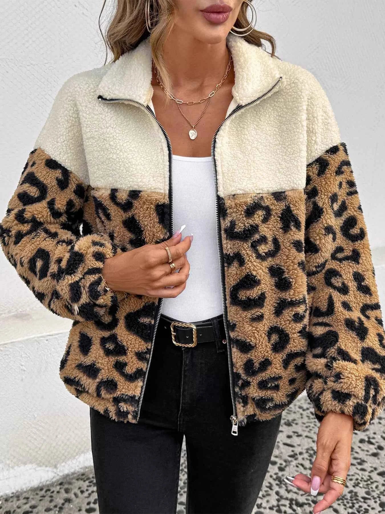 Leopard Fleece Jacket - Stylish Zip Up Design - Nico`s Store