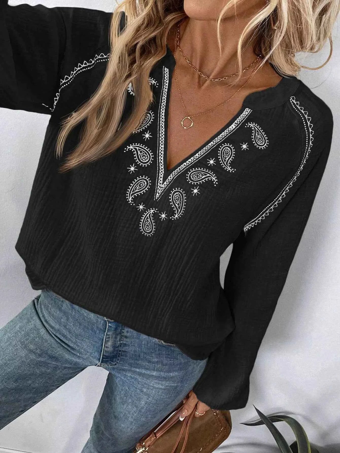 Paisley Balloon Sleeve Blouse with Notched Design