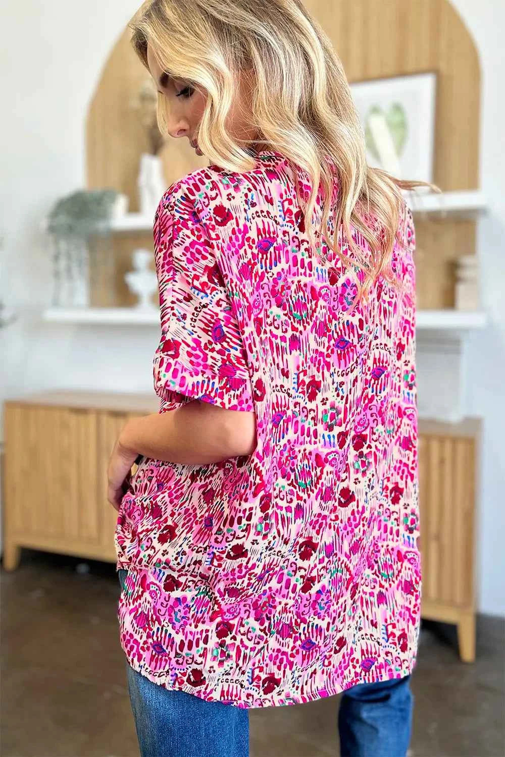 Double Take V-Neck Printed Blouse - Full Size Short Sleeve Fashion Top