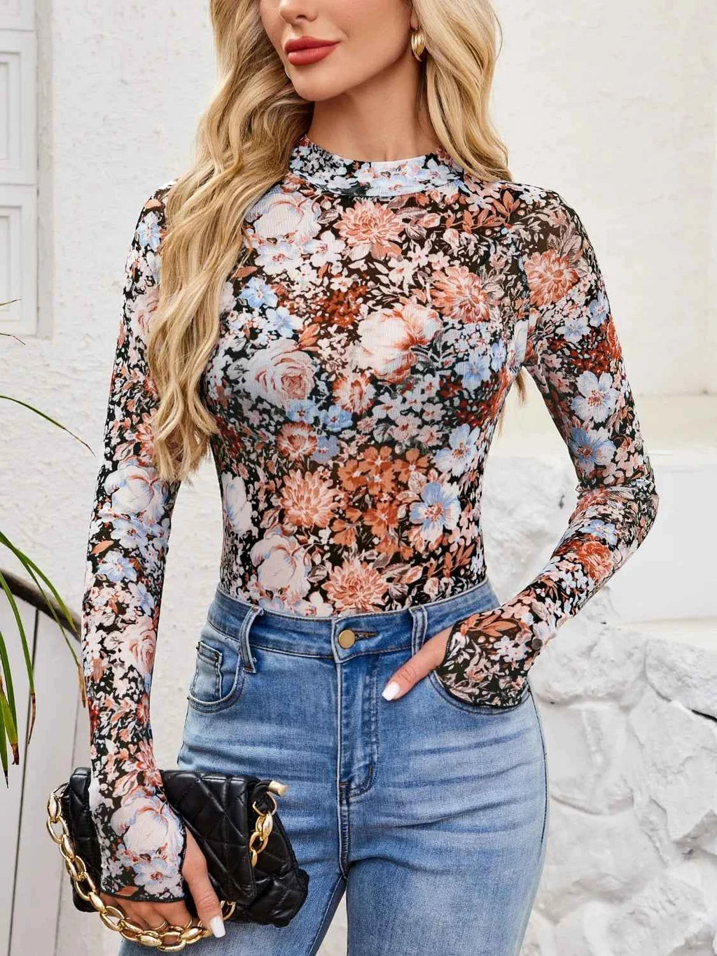 Floral Mock Neck Top - Long Sleeve Style - Nico`s Store