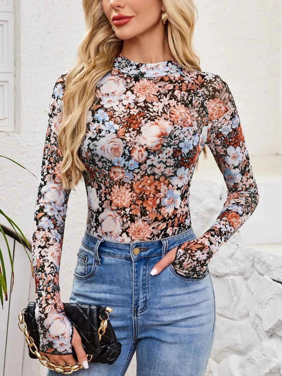 Floral Mock Neck Top - Long Sleeve Style - Nico`s Store