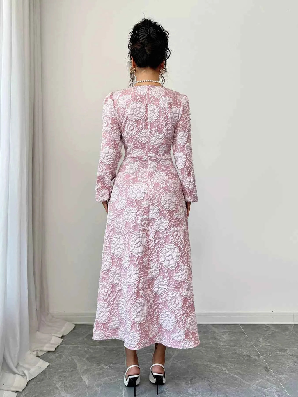 Floral Midi Dress with Textured Square Neck Design