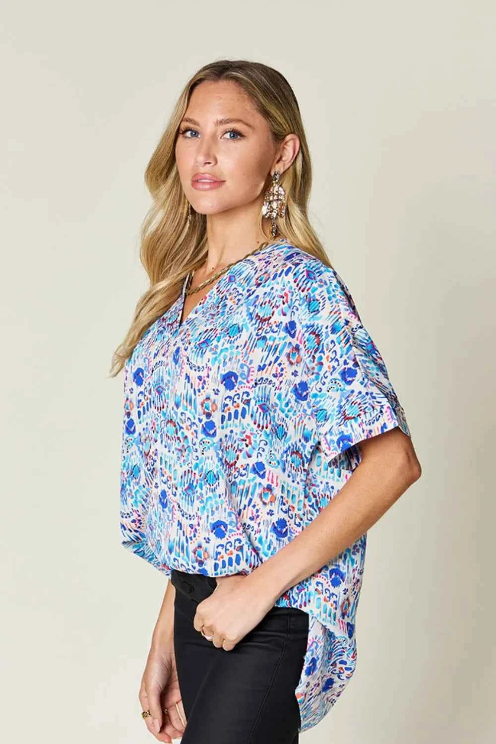 Double Take V-Neck Printed Blouse - Full Size Short Sleeve Fashion Top