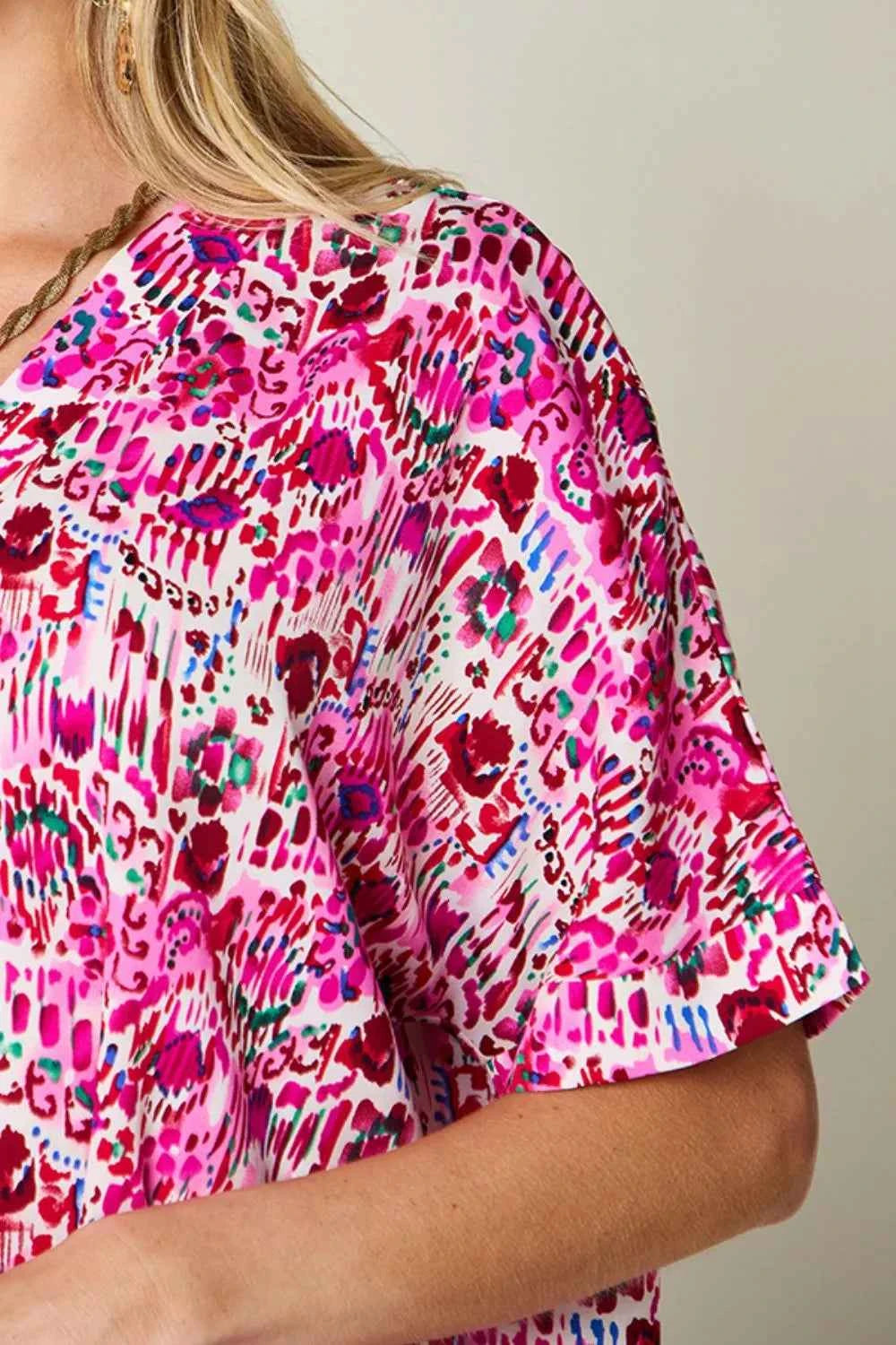 Double Take V-Neck Printed Blouse - Full Size Short Sleeve Fashion Top