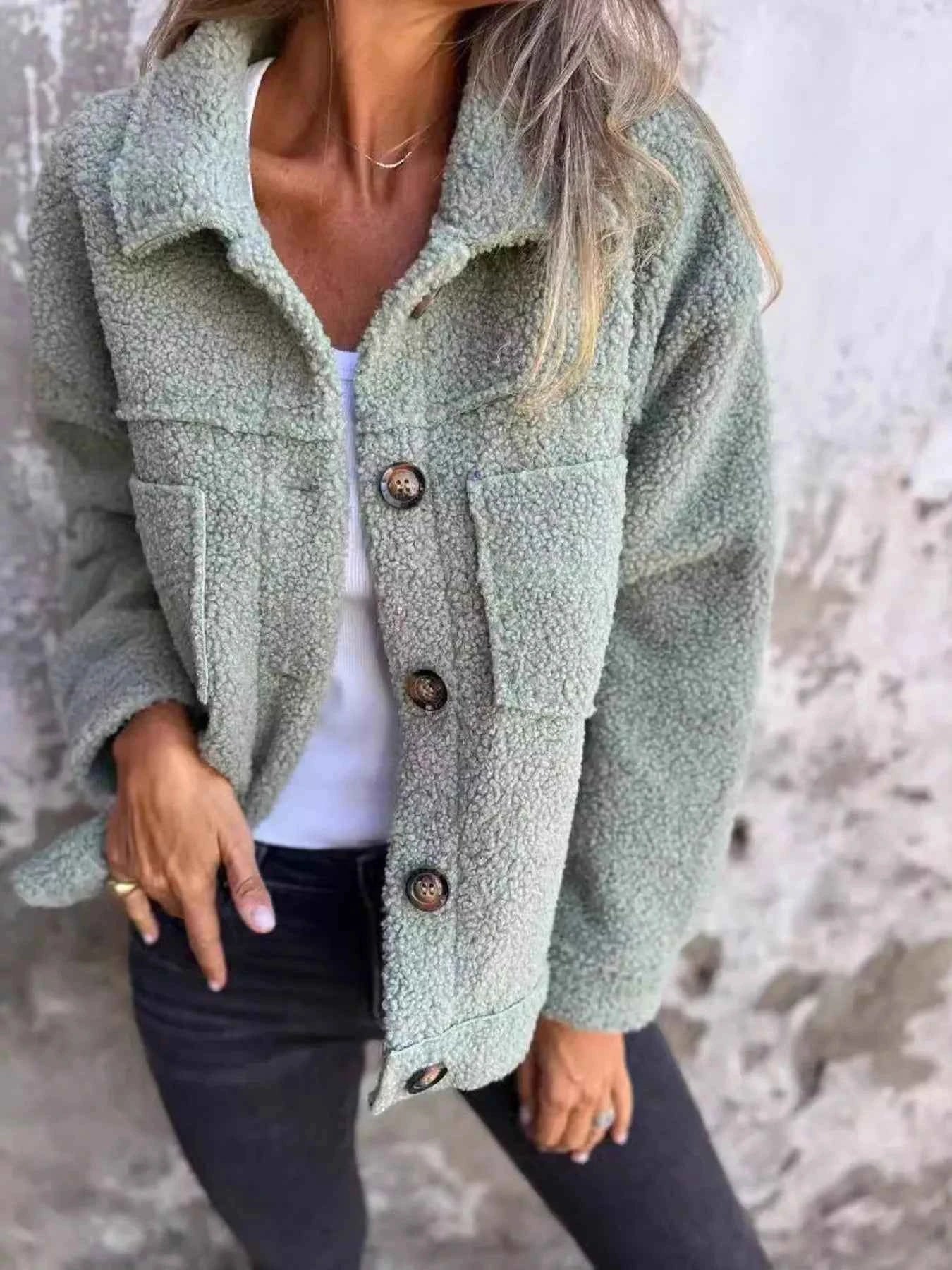 Full Size Plus Size Sherpa Shacket Single-Breasted - Nico`s Store