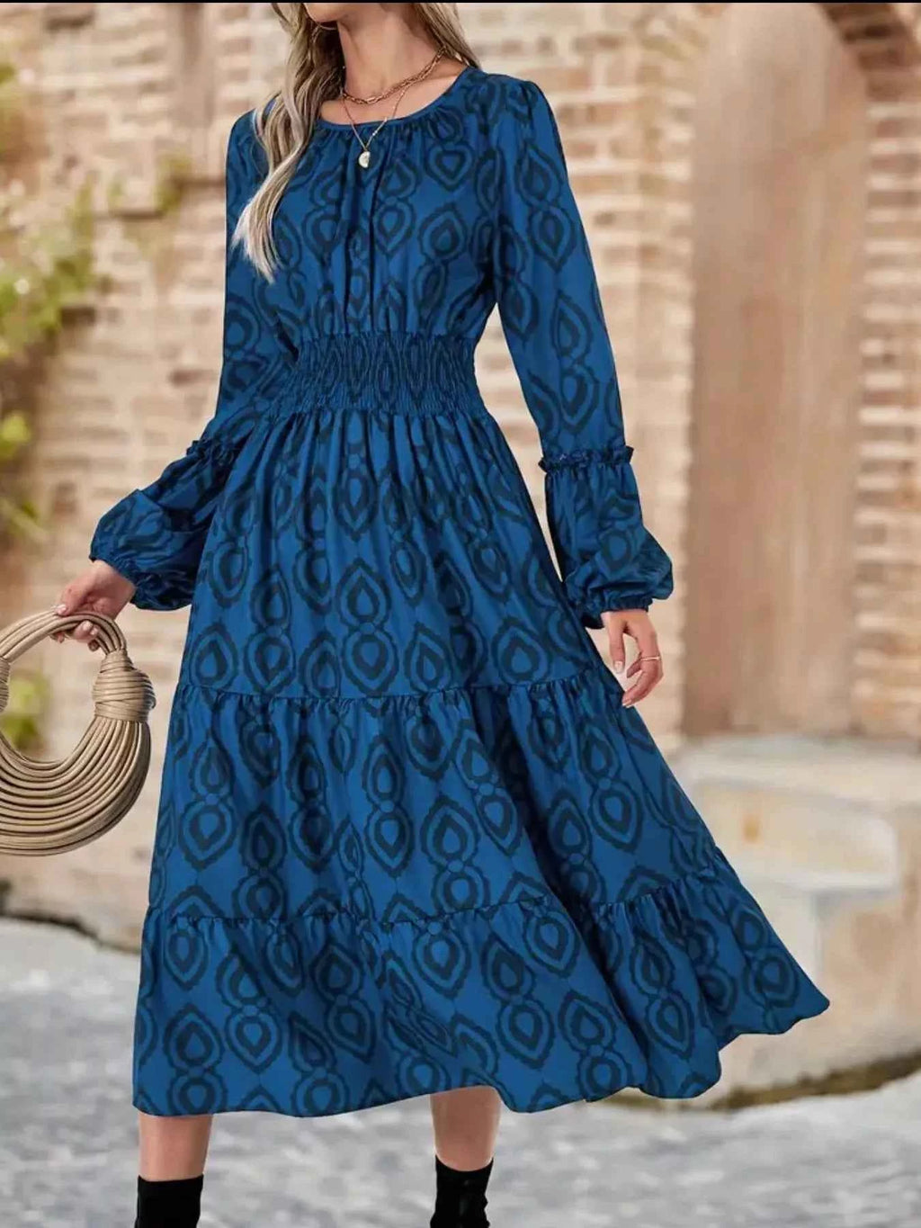 Smocked Balloon Sleeve Midi Dress with Round Neck Design