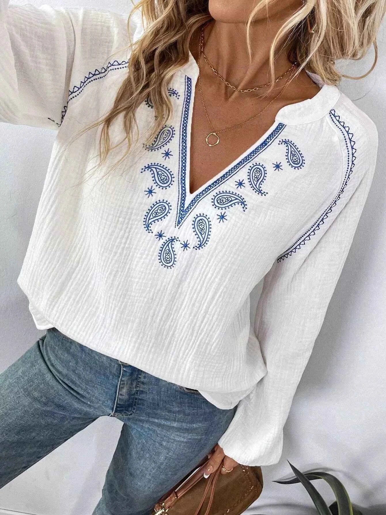 Paisley Balloon Sleeve Blouse with Notched Design