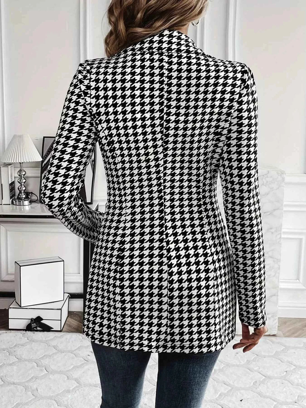 Houndstooth Print Blazer with Stylish Lapel Collar - Nico`s Store