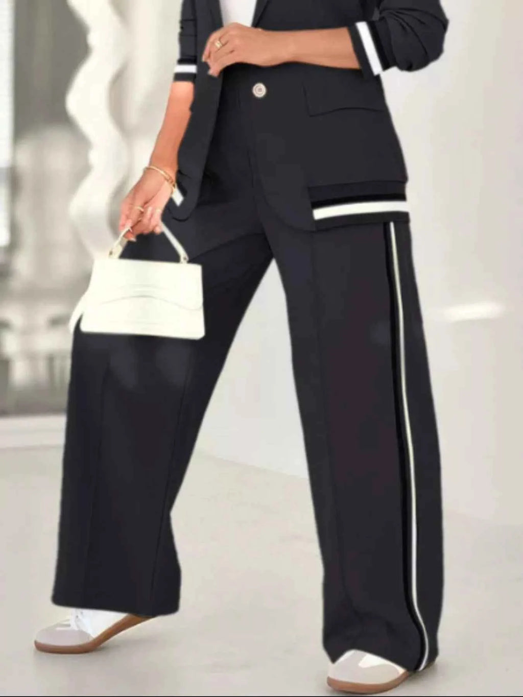 Full Size Striped Trim Jacket and Pants -Modern Edge Jacket - Nico`s Store