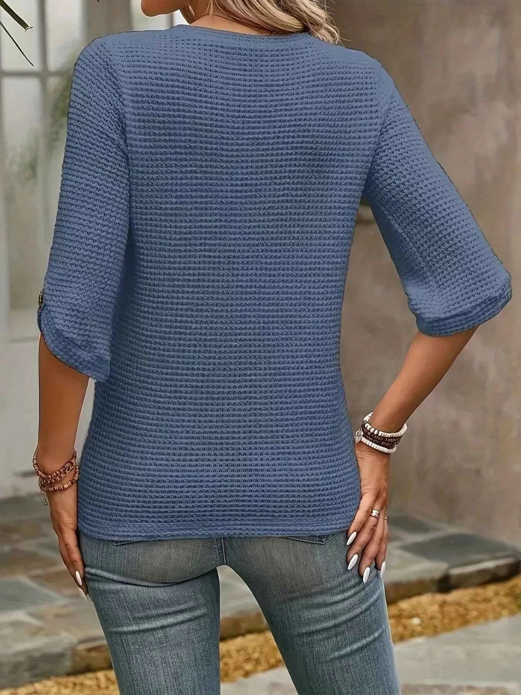 Waffle Knit Round Neck Top for Effortless Comfort - Nico`s Store
