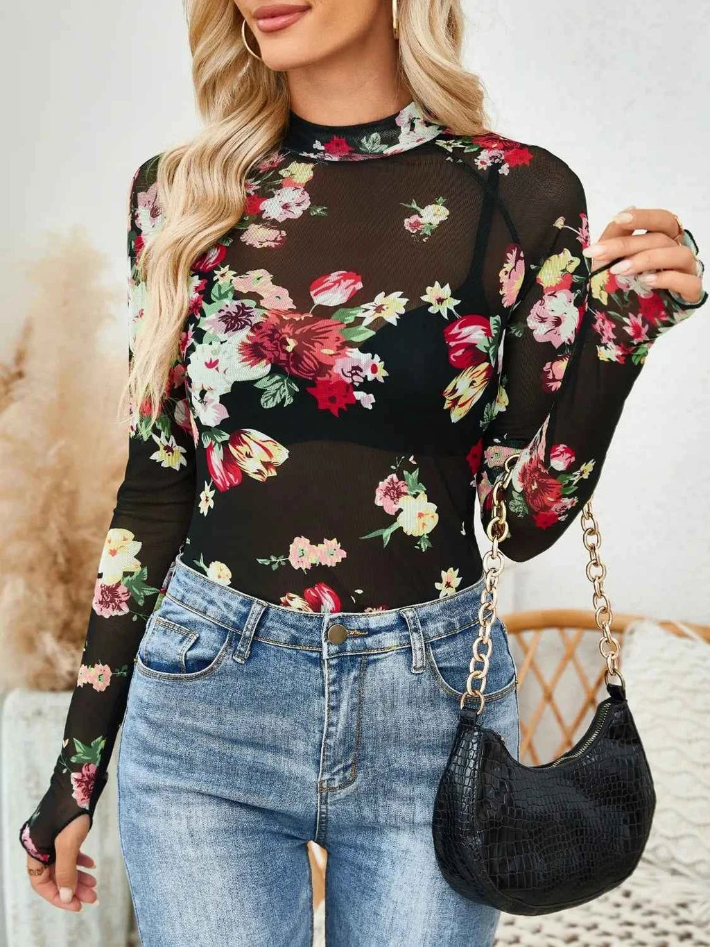 Floral Mock Neck Top - Long Sleeve Style - Nico`s Store