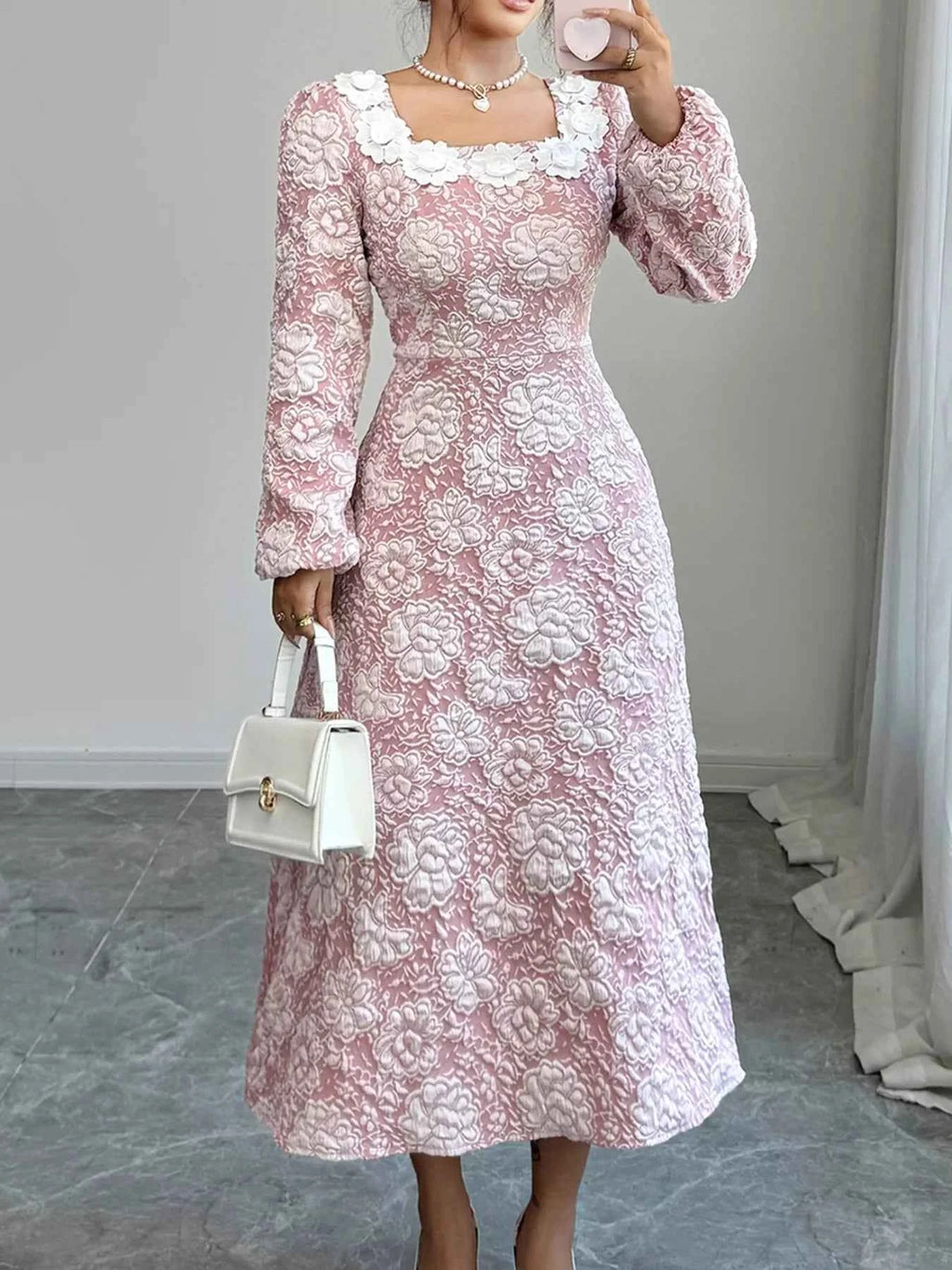 Floral Midi Dress with Textured Square Neck Design