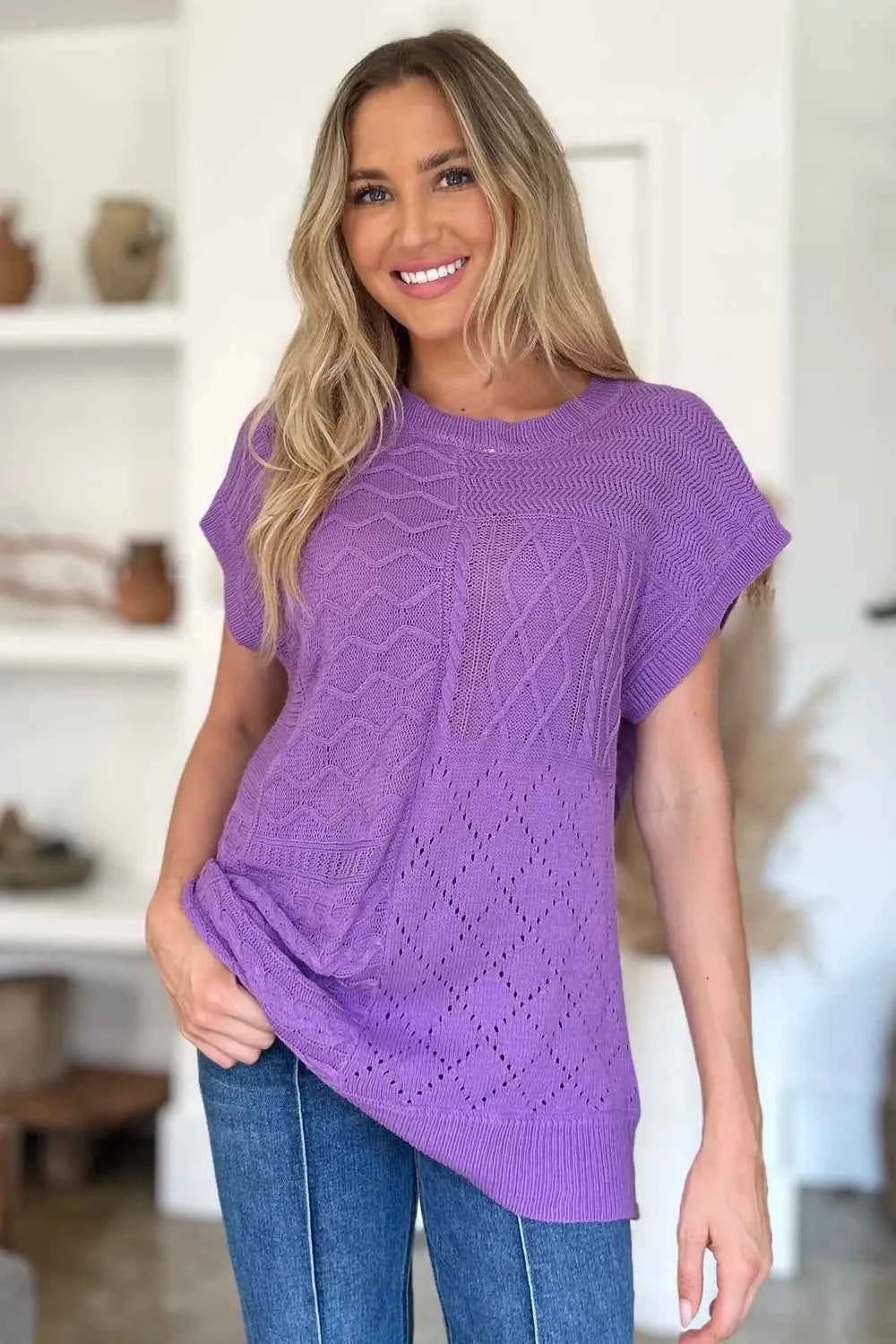 Cable-Knit Cap Sleeve Sweater full size - Nico`s Store