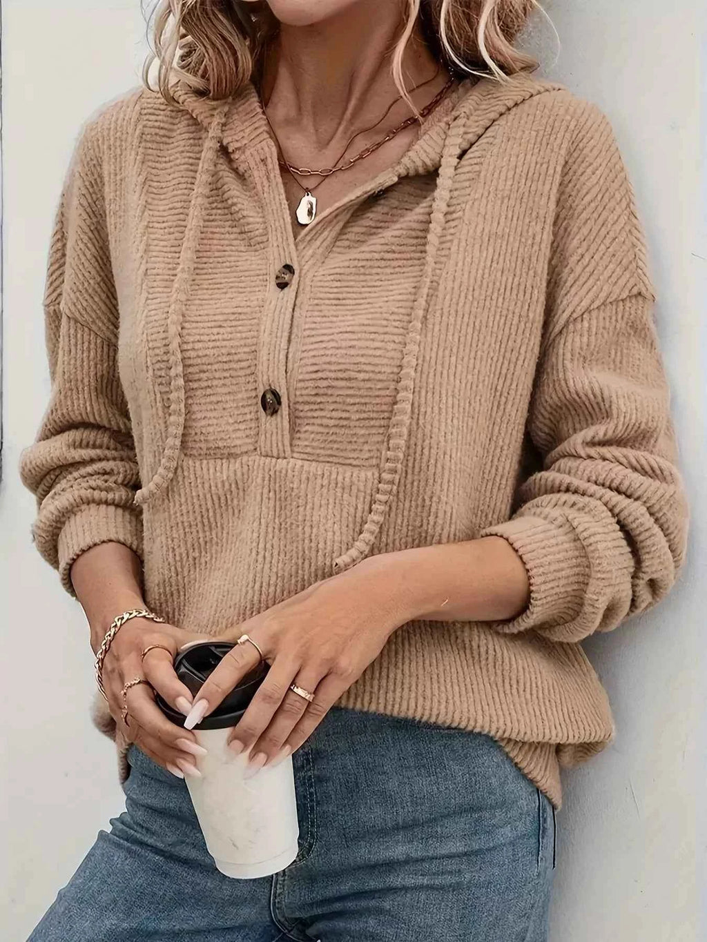 Button-Front Drawstring Hoodie