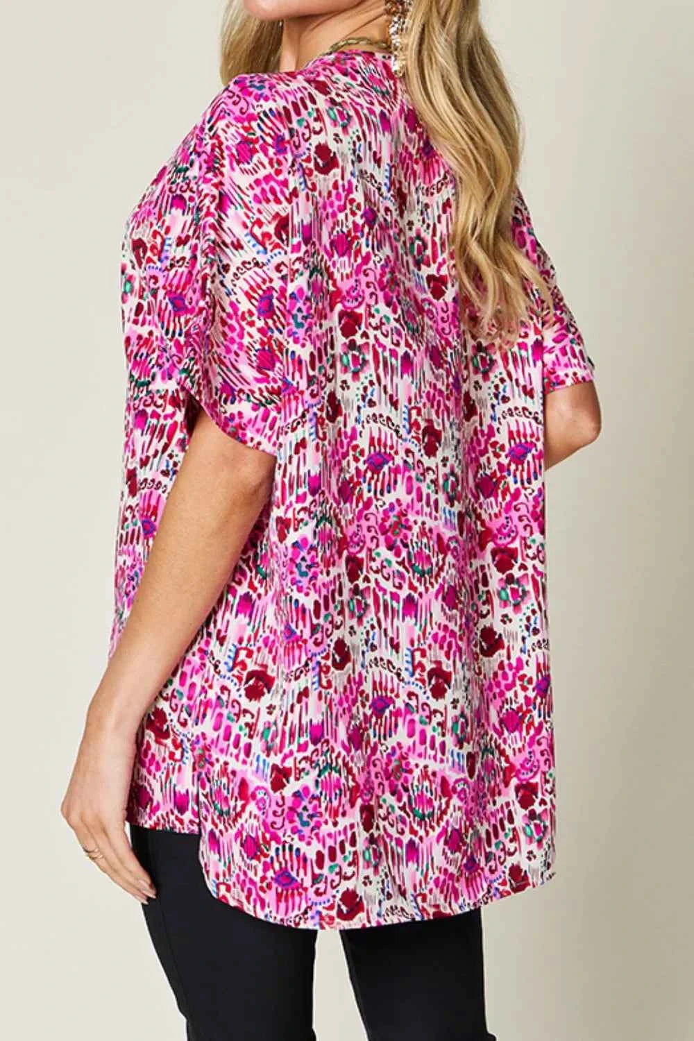 Double Take V-Neck Printed Blouse - Full Size Short Sleeve Fashion Top