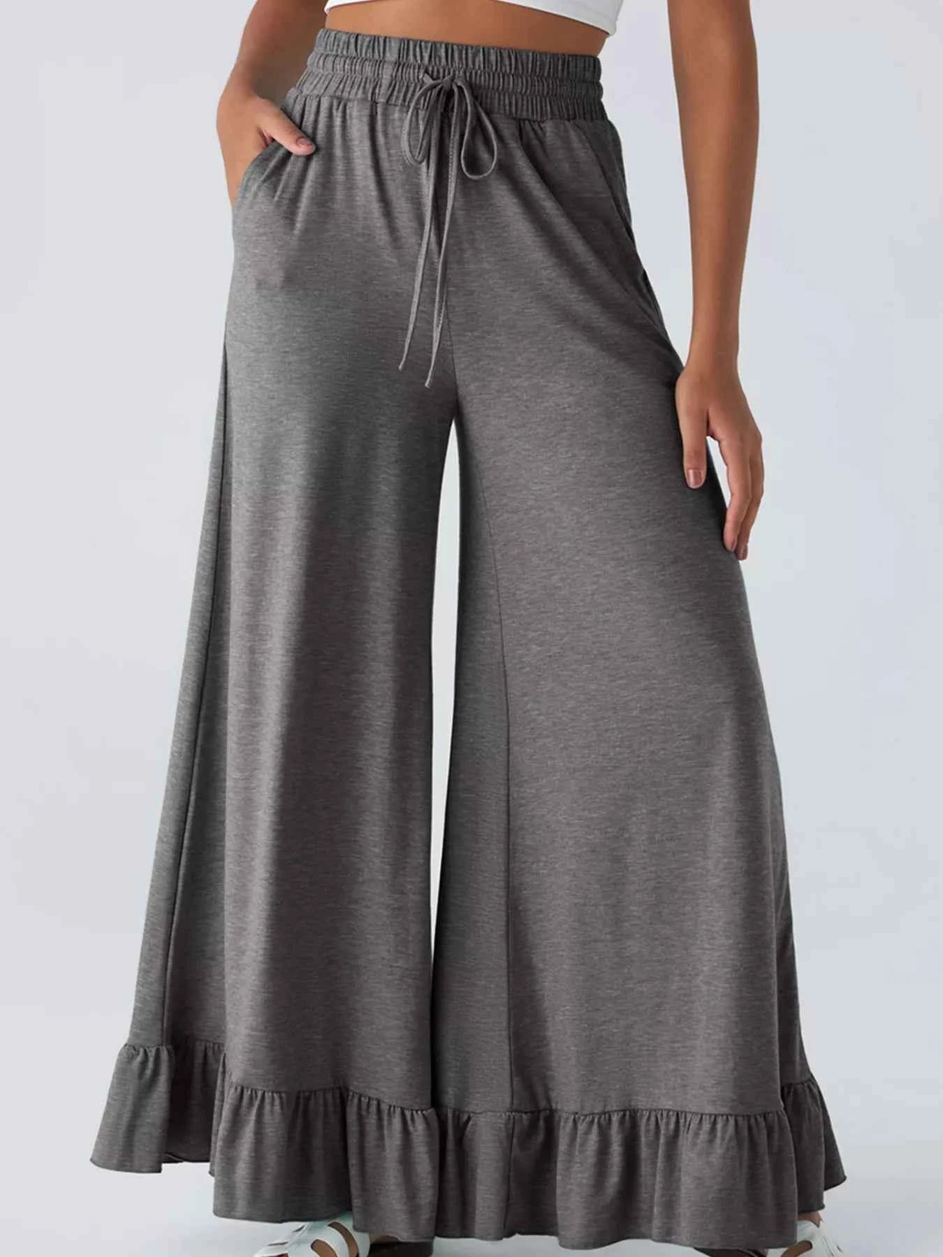 Ruffled Wide Leg High Waist Pants with Pockets for Effortless Style - Nico`s Store