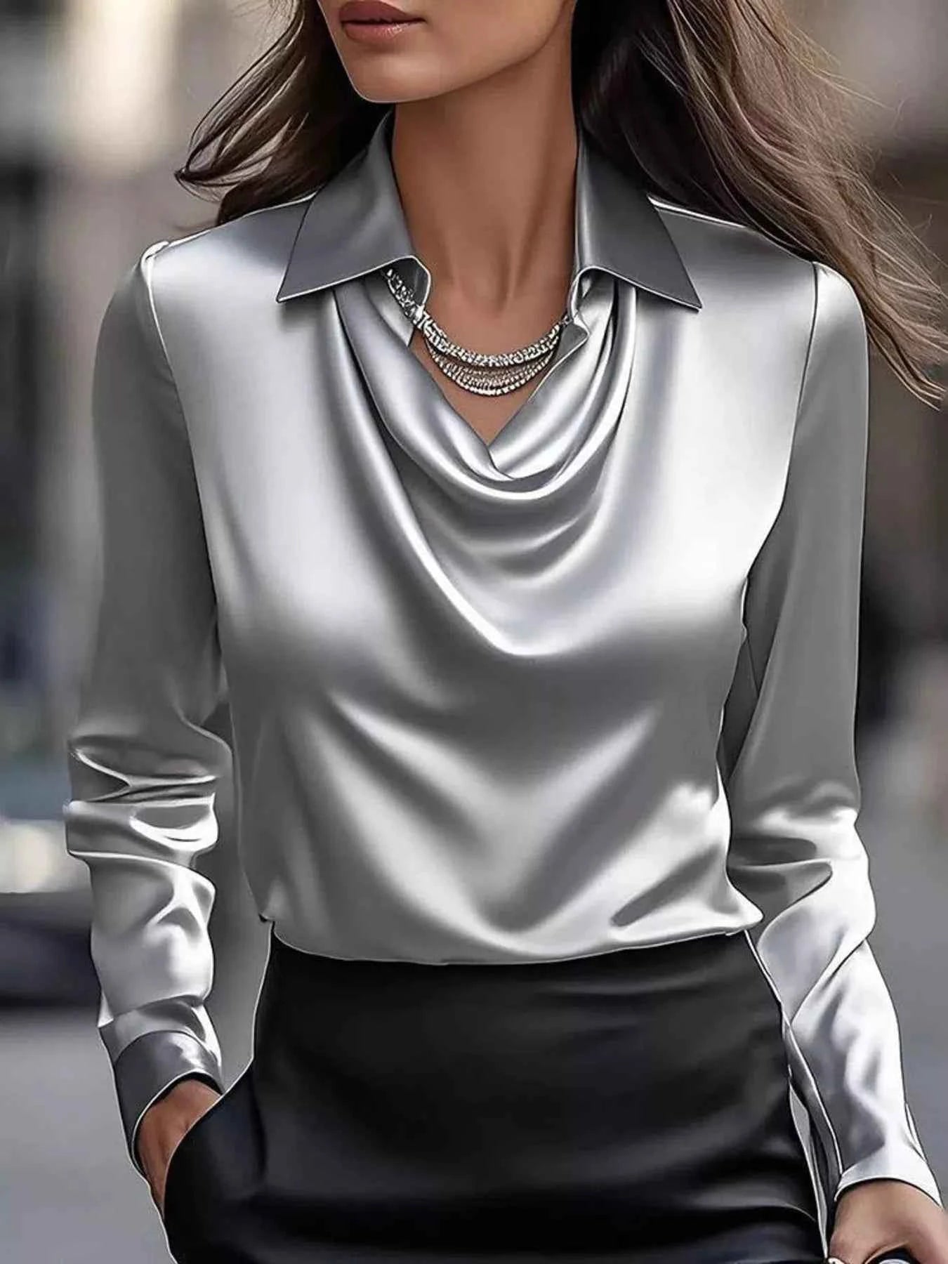 Ruched Long Sleeve Blouse with Drape Collar - Nico`s Store