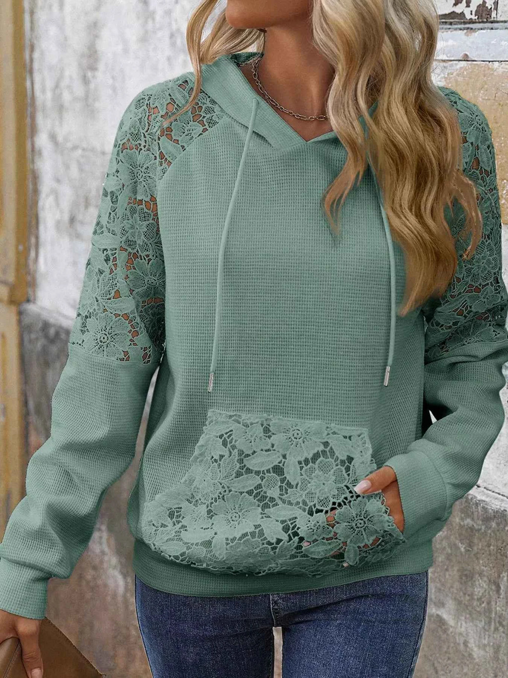 Lace Detail Long Sleeve Hoodie with Drawstring - Nico`s Store