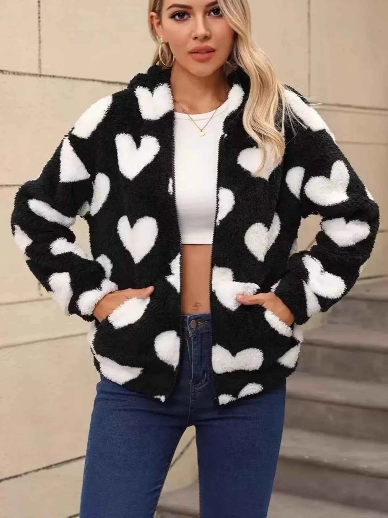Heart Fuzzy Fleece Jacket Zip-Up Outerwear - Nico`s Store