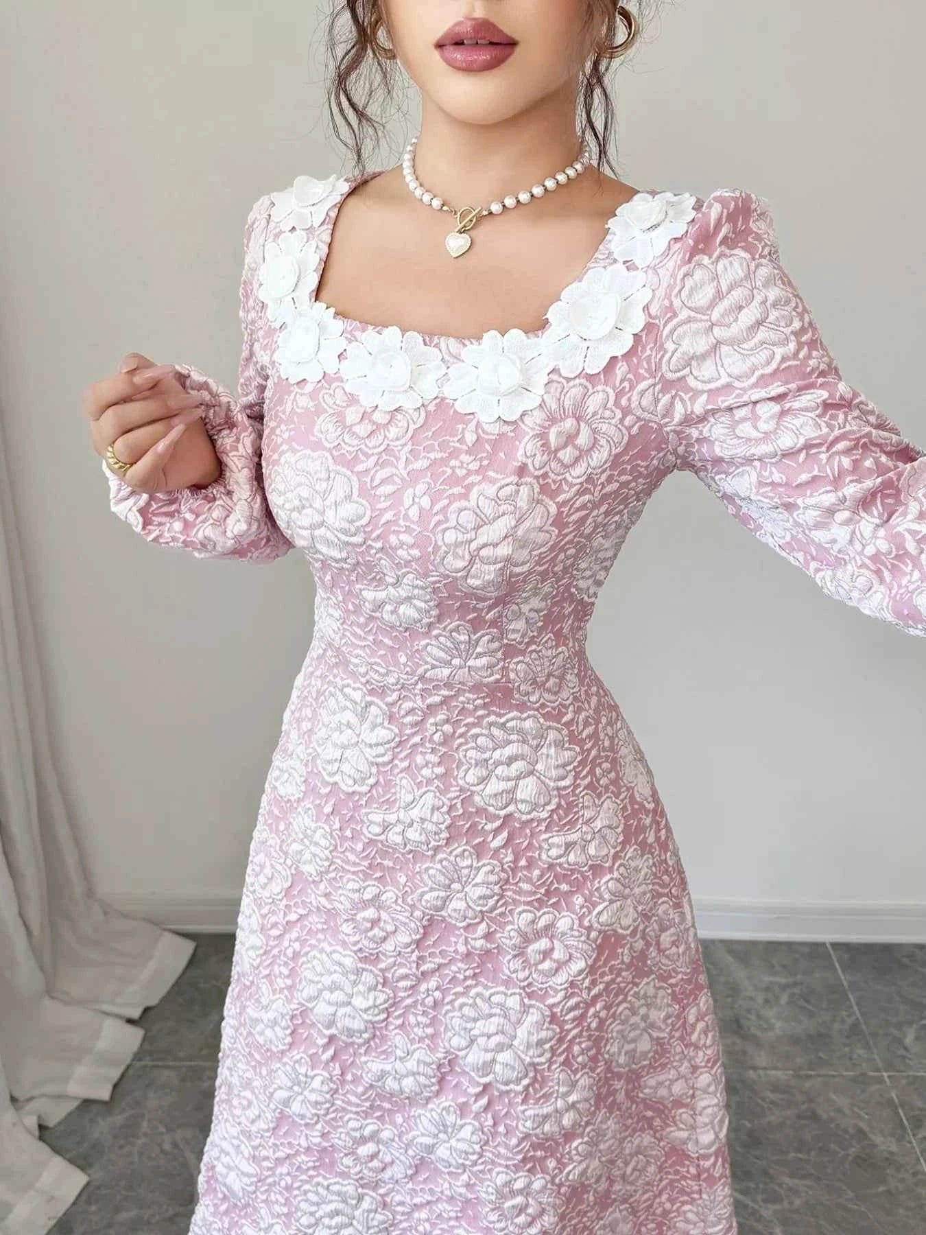 Floral Midi Dress with Textured Square Neck Design