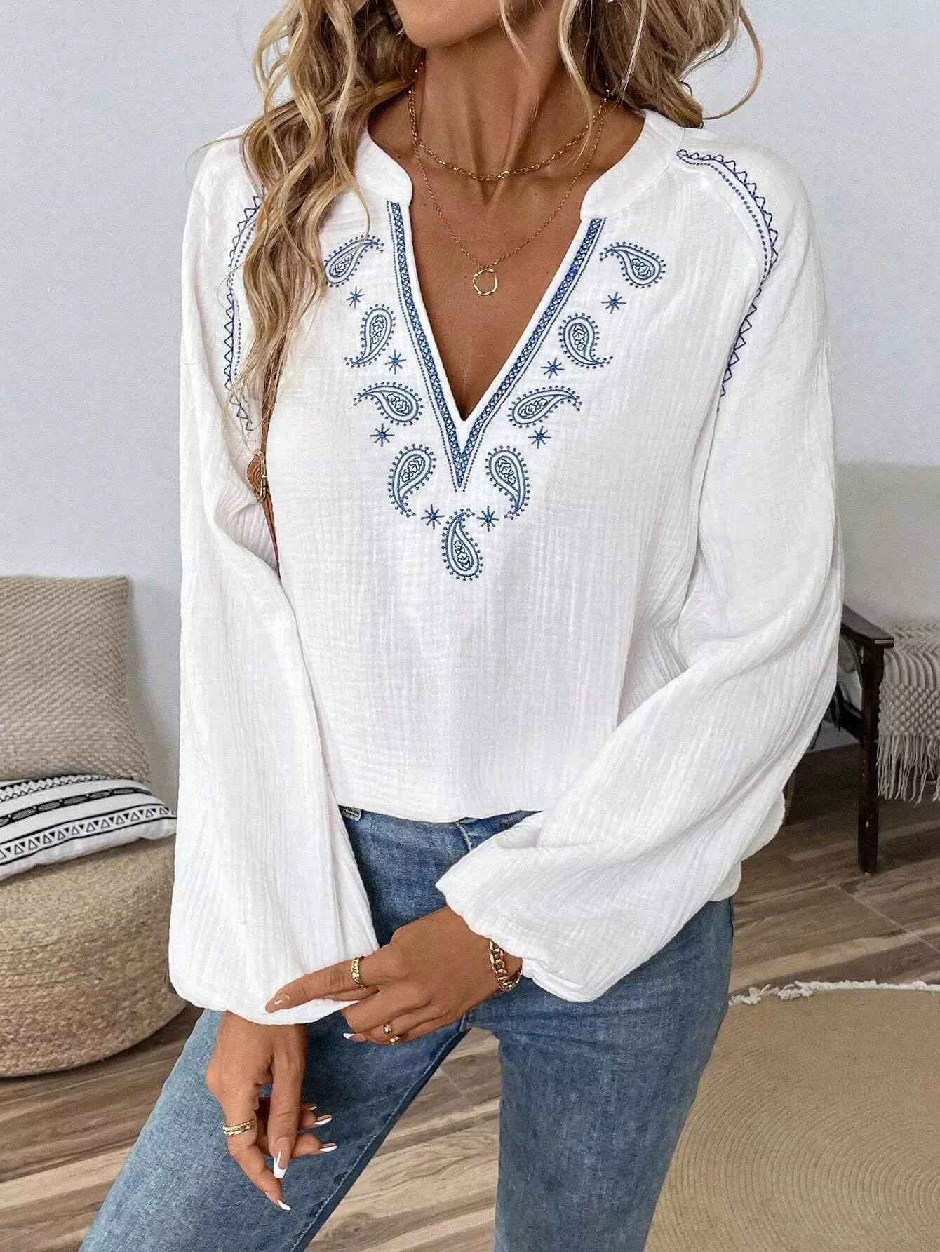 Paisley Balloon Sleeve Blouse with Notched Design