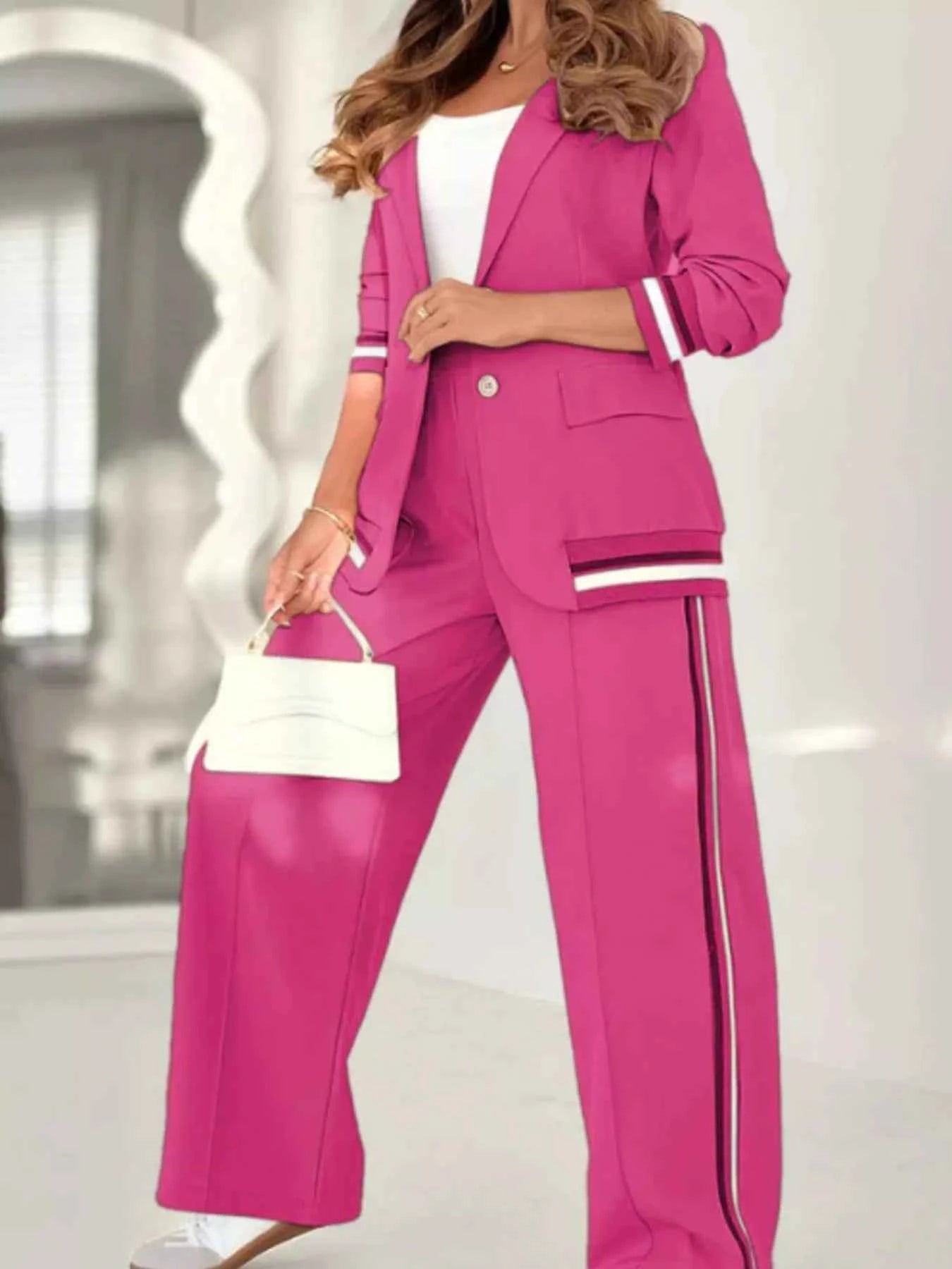 Full Size Striped Trim Jacket and Pants -Modern Edge Jacket - Nico`s Store