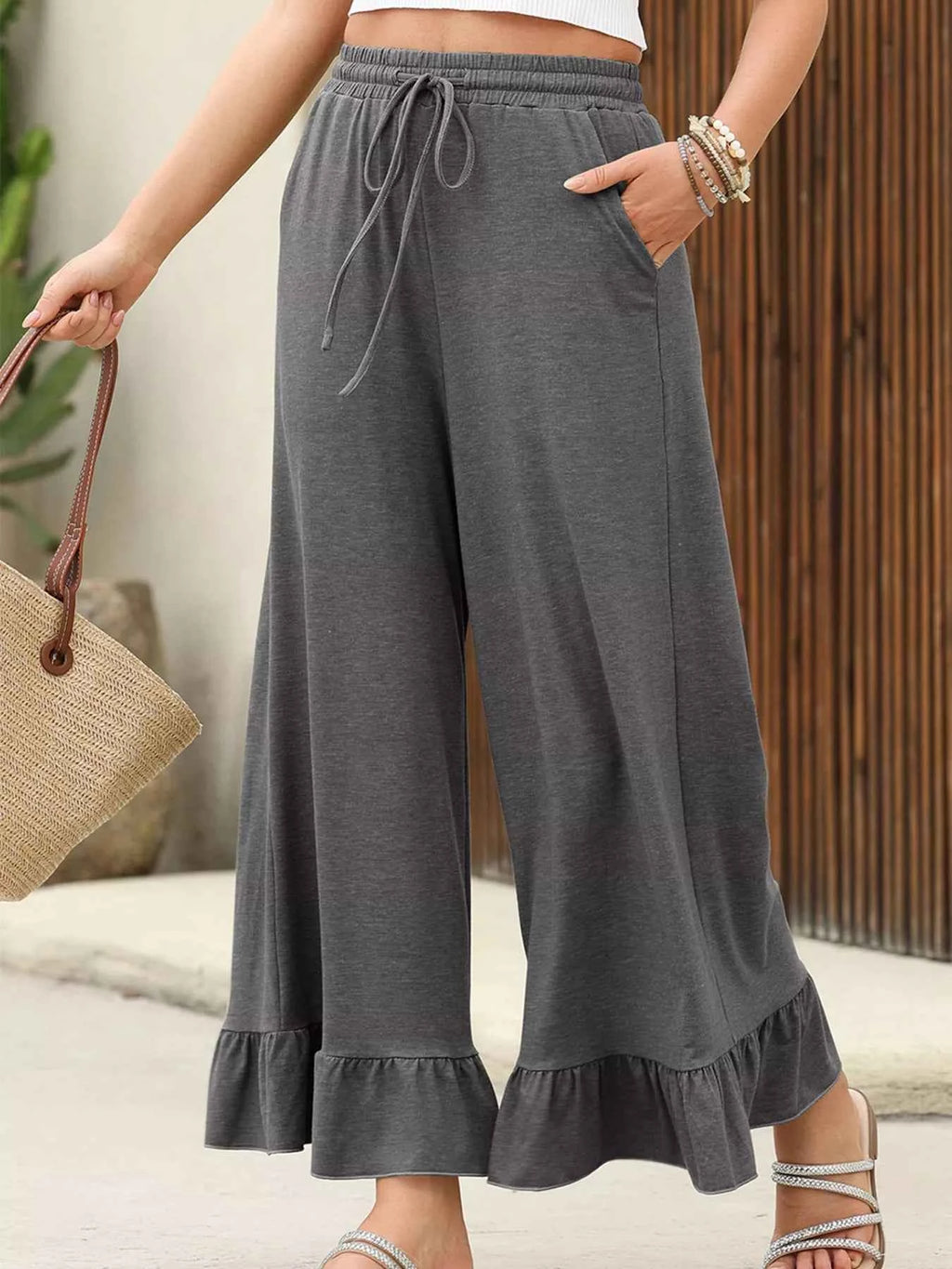 Ruffled Wide Leg High Waist Pants with Pockets for Effortless Style - Nico`s Store