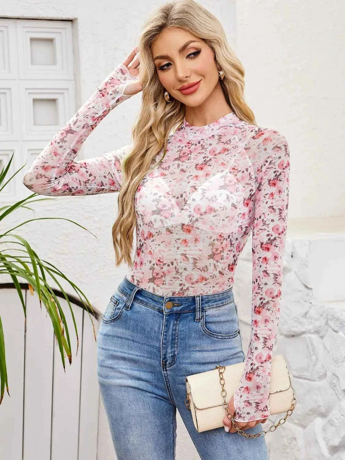Floral Mock Neck Top - Long Sleeve Style - Nico`s Store