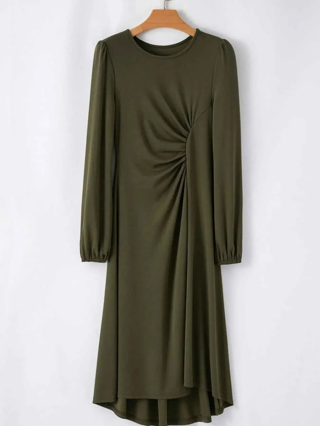 Solid Color Midi Dress with Ruched Detail and Long Sleeves for Effortless Style - Nico`s Store