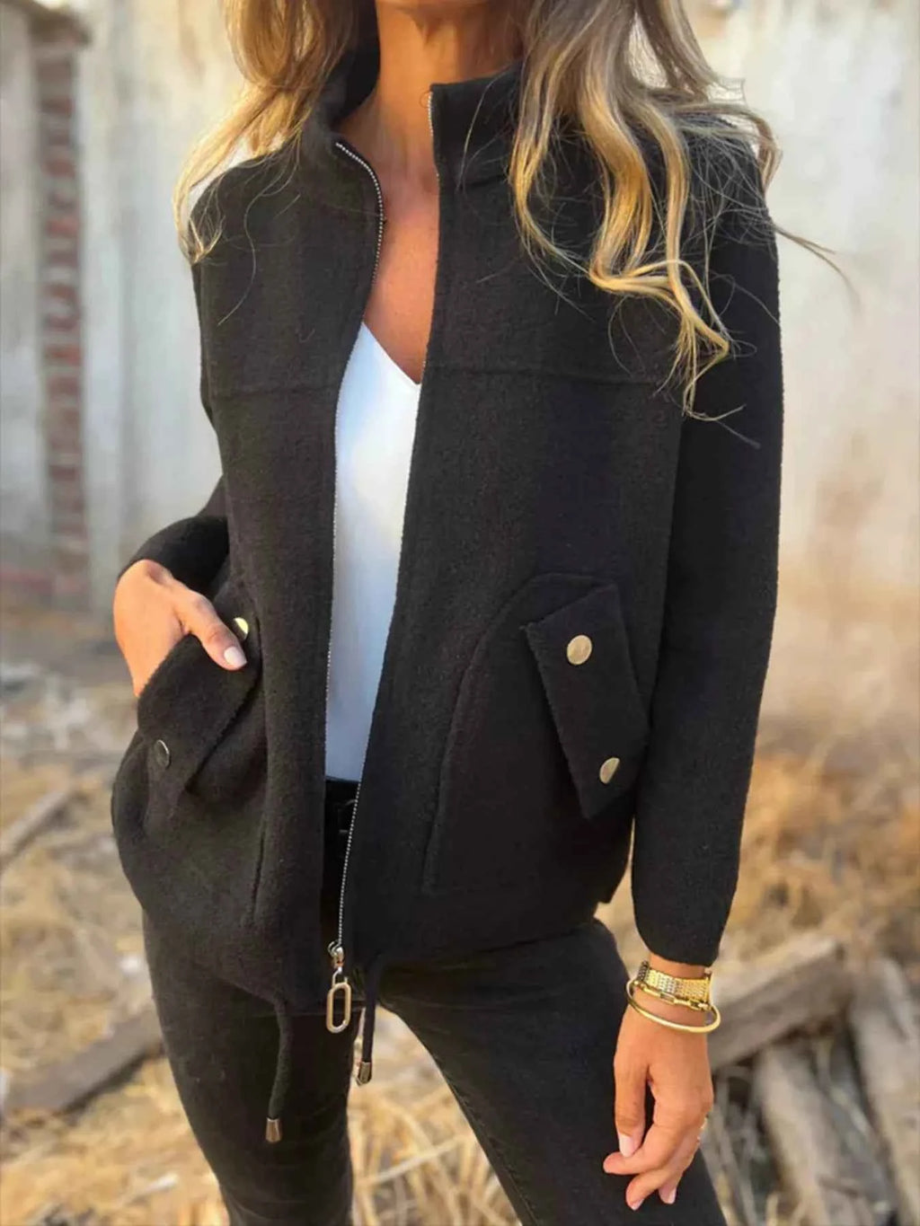 Full Size Textured Knit Zip Up Outerwear - Nico`s Store