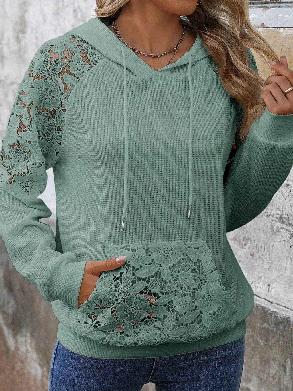 Lace Detail Long Sleeve Hoodie with Drawstring - Nico`s Store