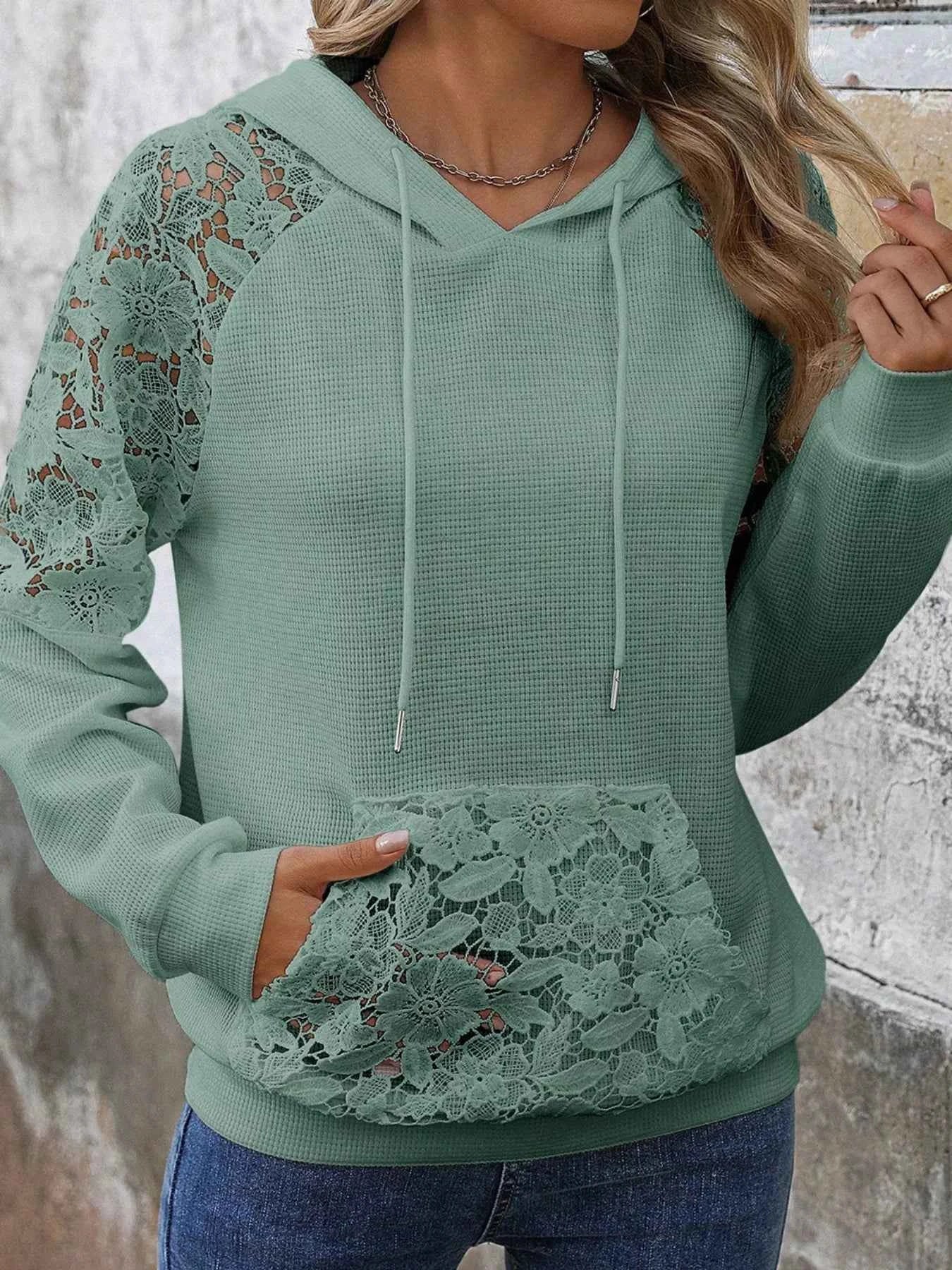 Lace Detail Long Sleeve Hoodie with Drawstring - Nico`s Store