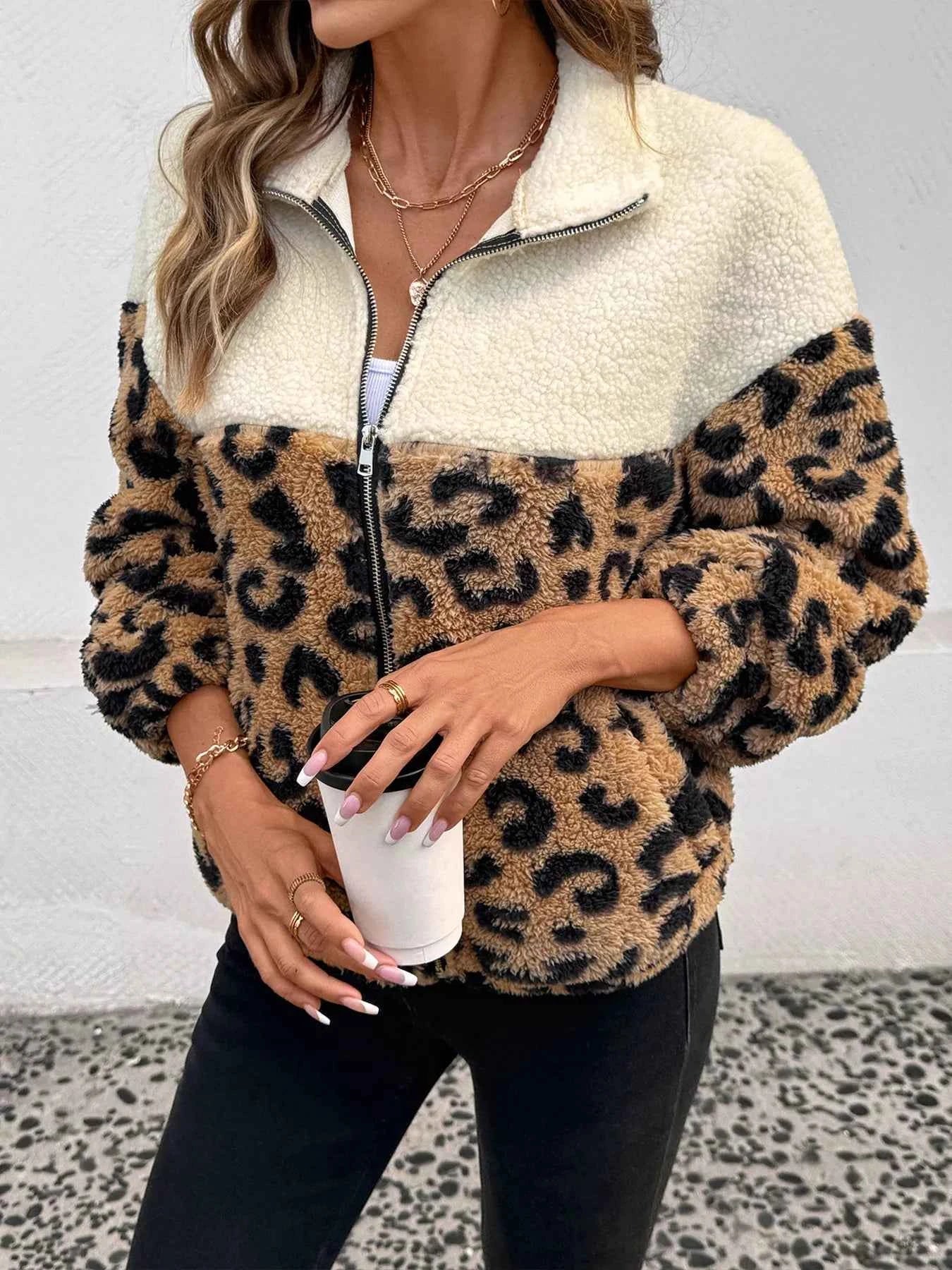 Leopard Fleece Jacket - Stylish Zip Up Design - Nico`s Store